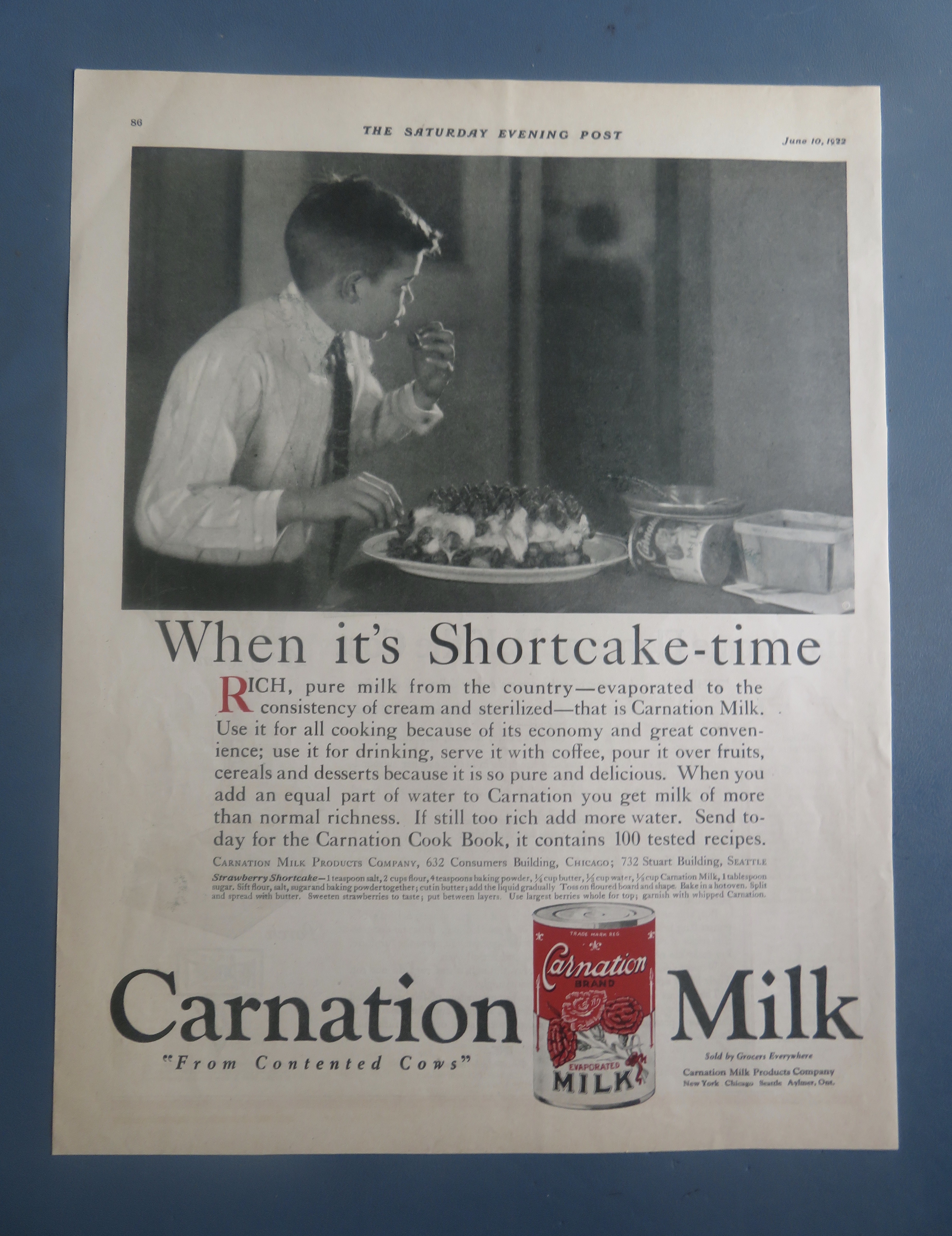 1922 Carnation Milk With Boy Eating Shortcake