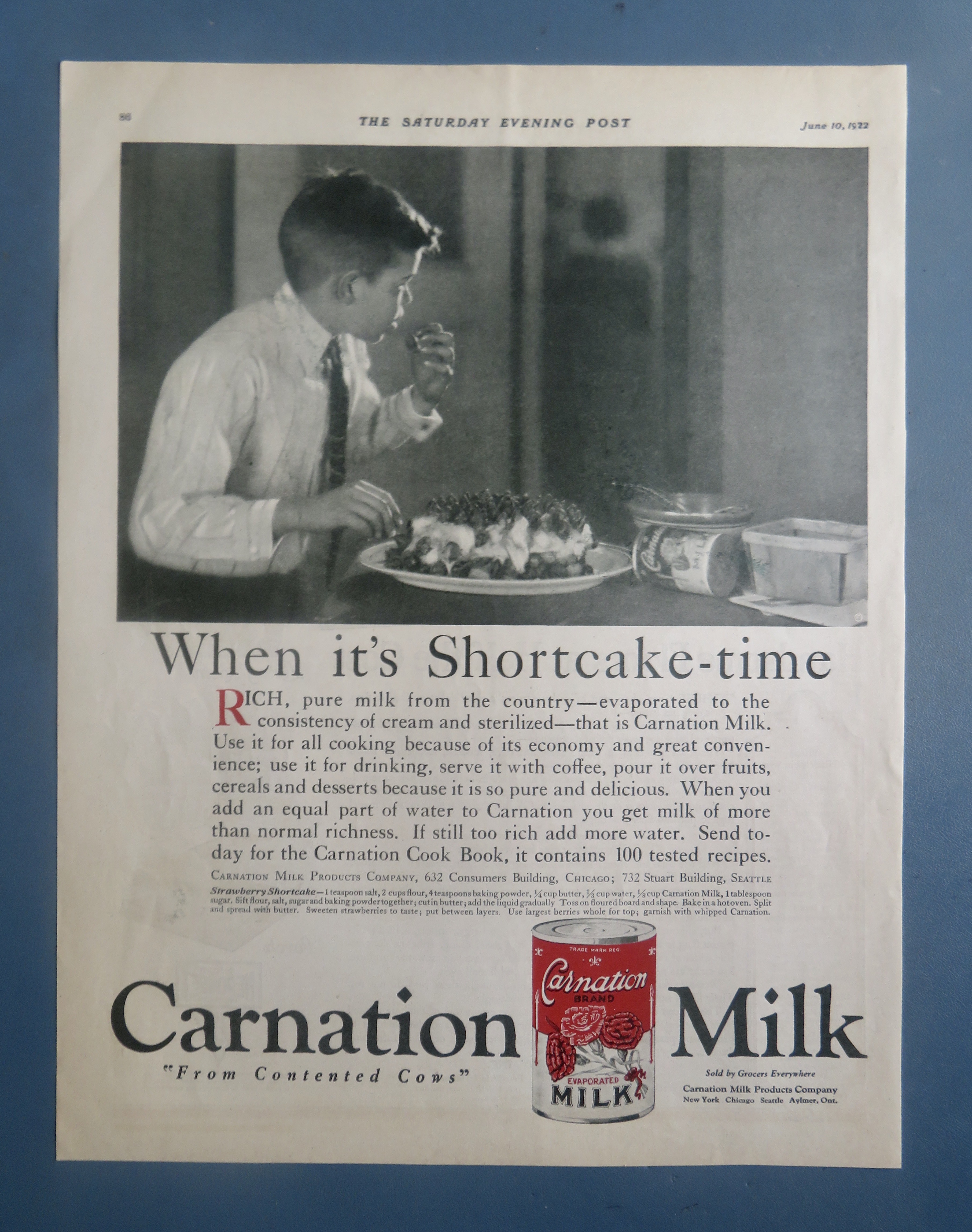 1922 Carnation Milk With Boy Eating Shortcake