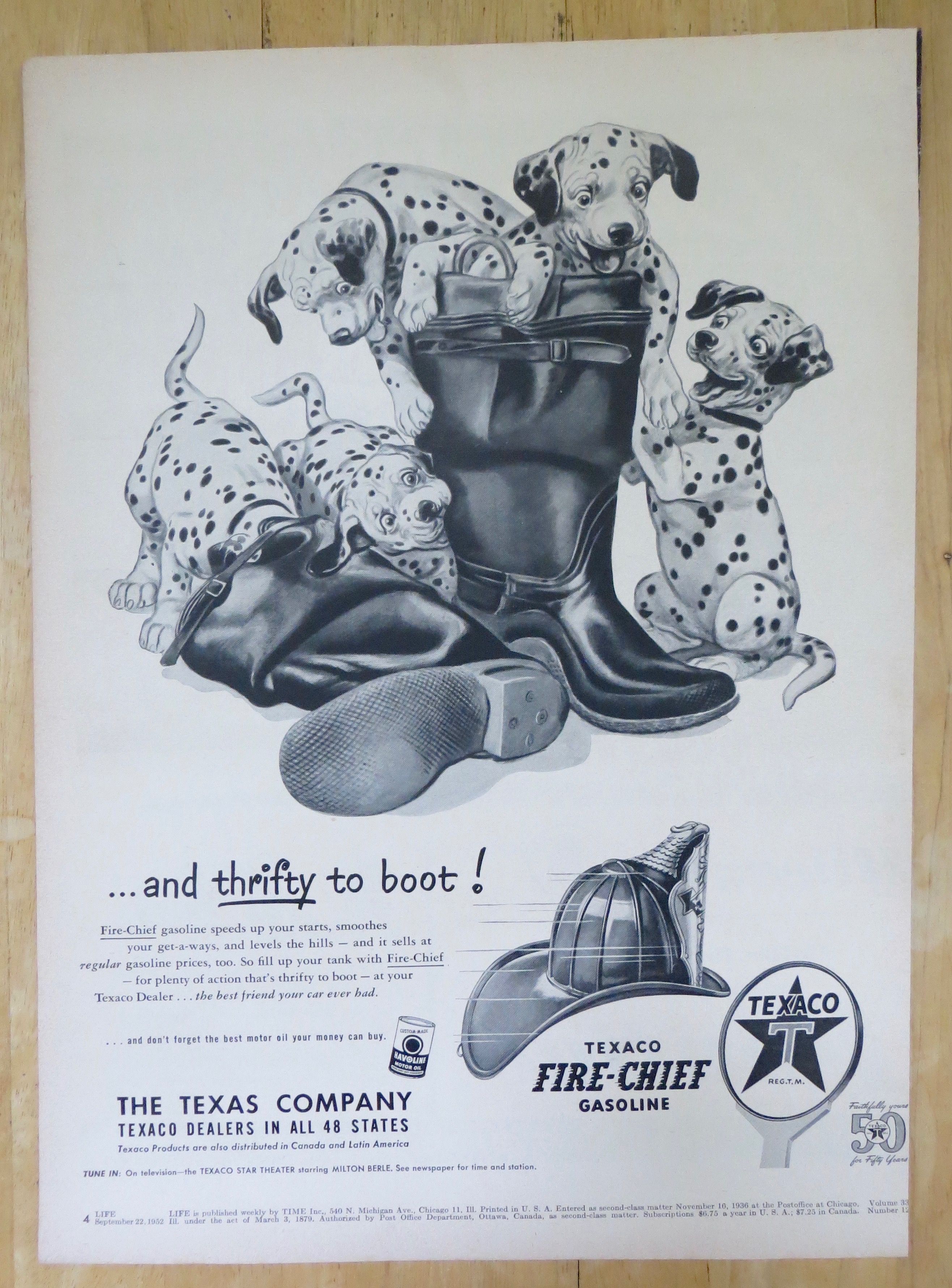 1952 Texaco Fire Chief Gasoline w/ 5 Dalmatians & Boots