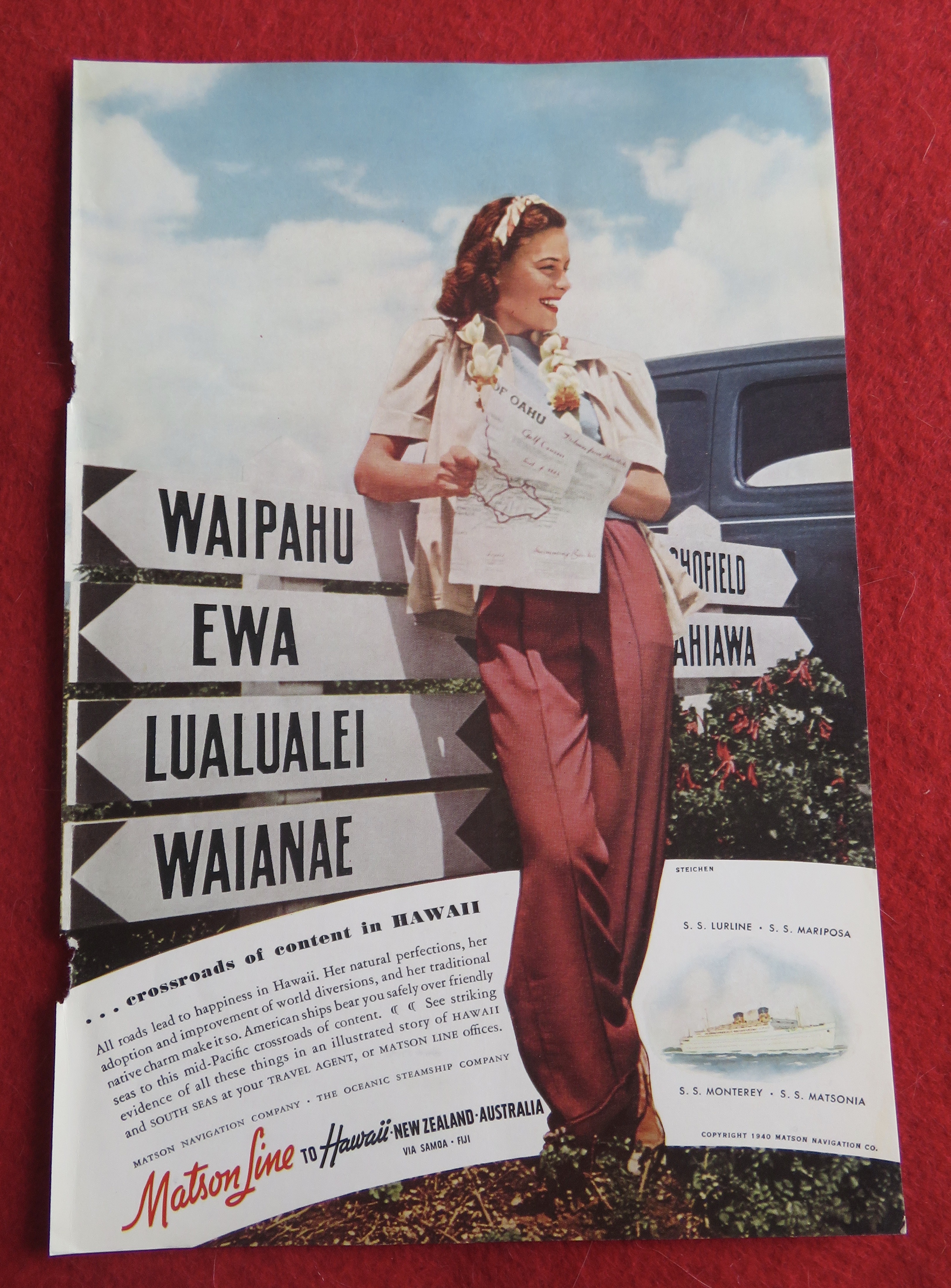 1940 Matson Line To Hawaii with Lovely Woman
