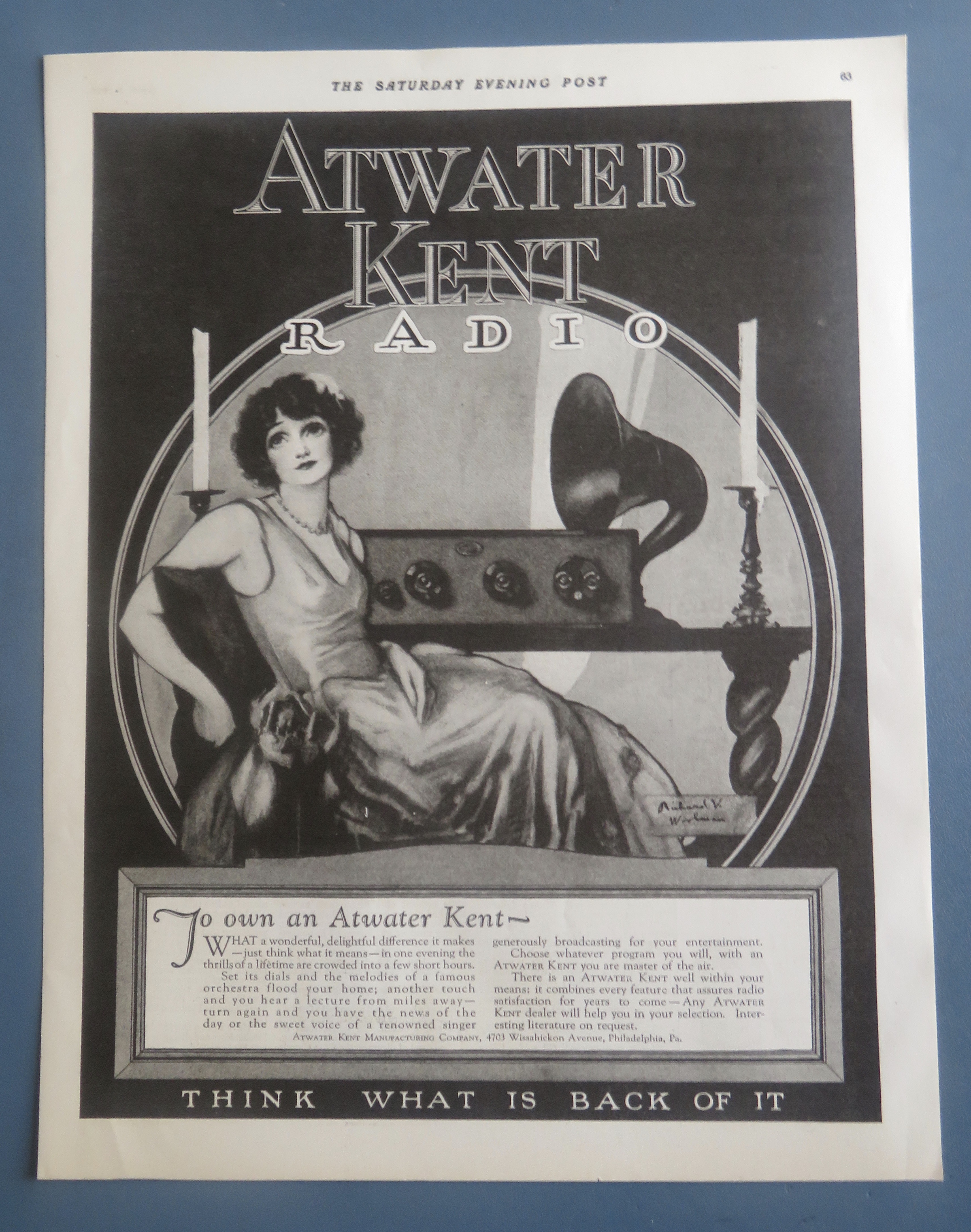 1925 Atwater Kent Radio with Woman Sitting By Radio