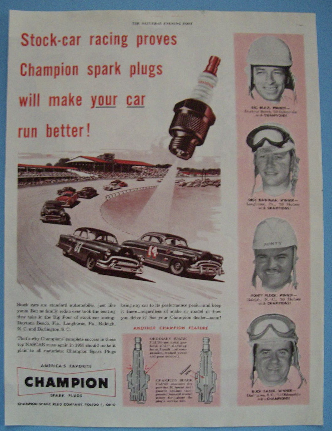 Vintage Ad: 1953 Champion Spark Plugs w/Buck Baker