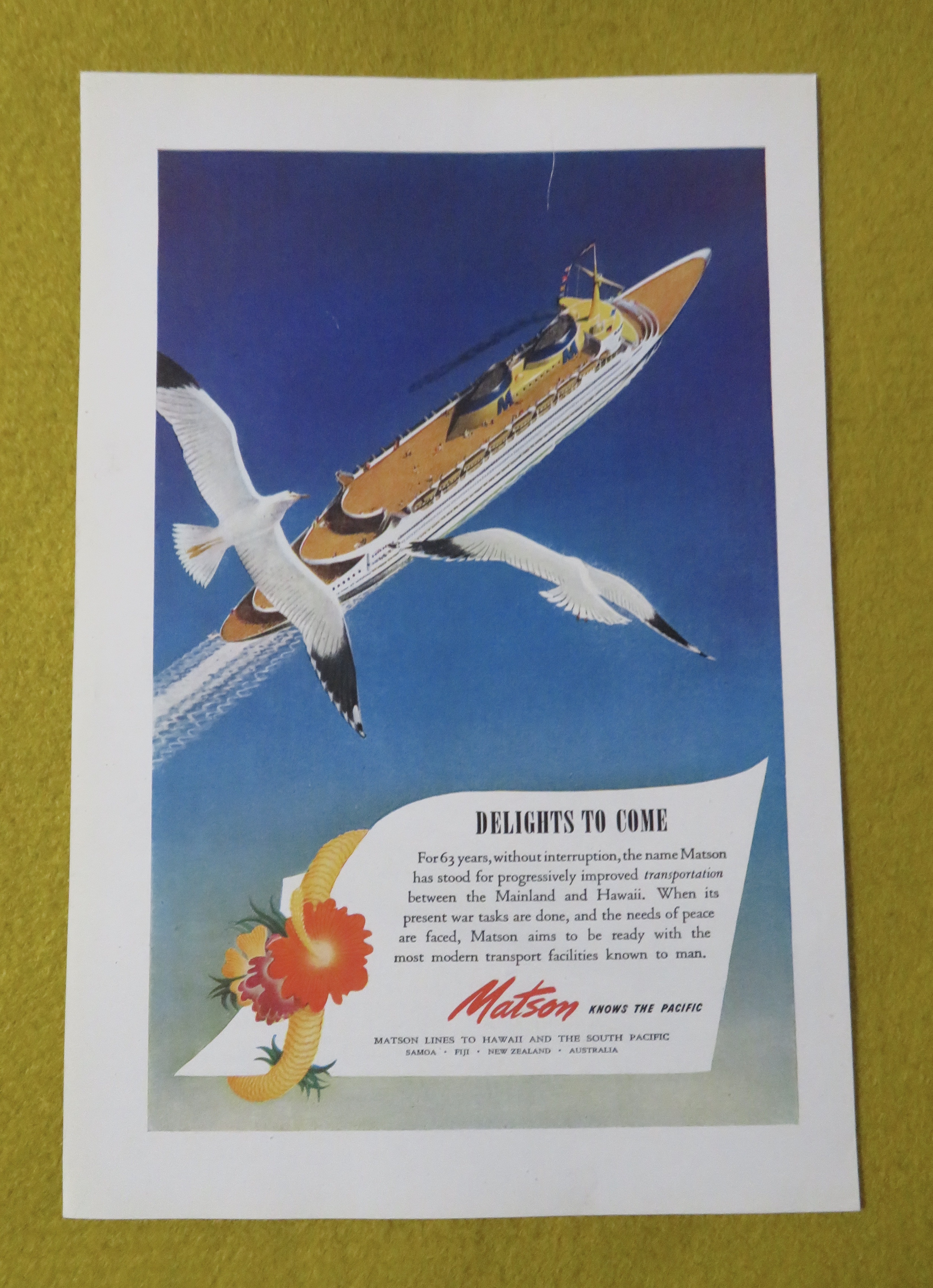 1945 Matson Lines To Hawaii with Delights To Come