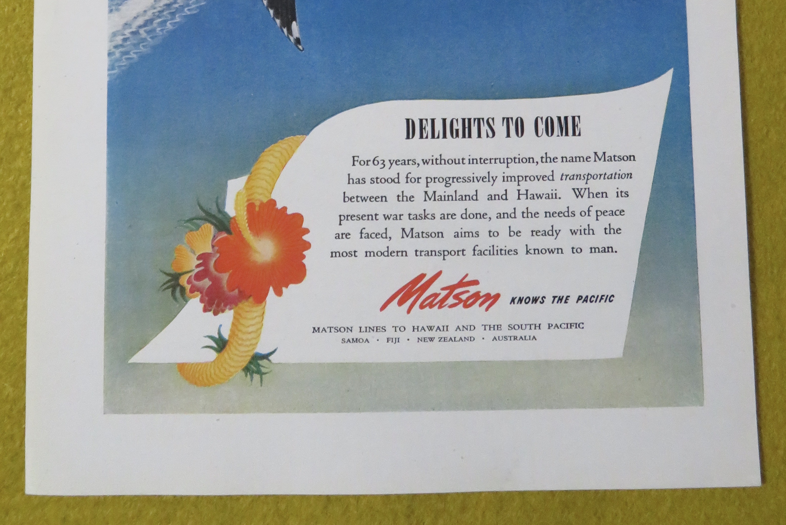 1945 Matson Lines To Hawaii with Delights To Come