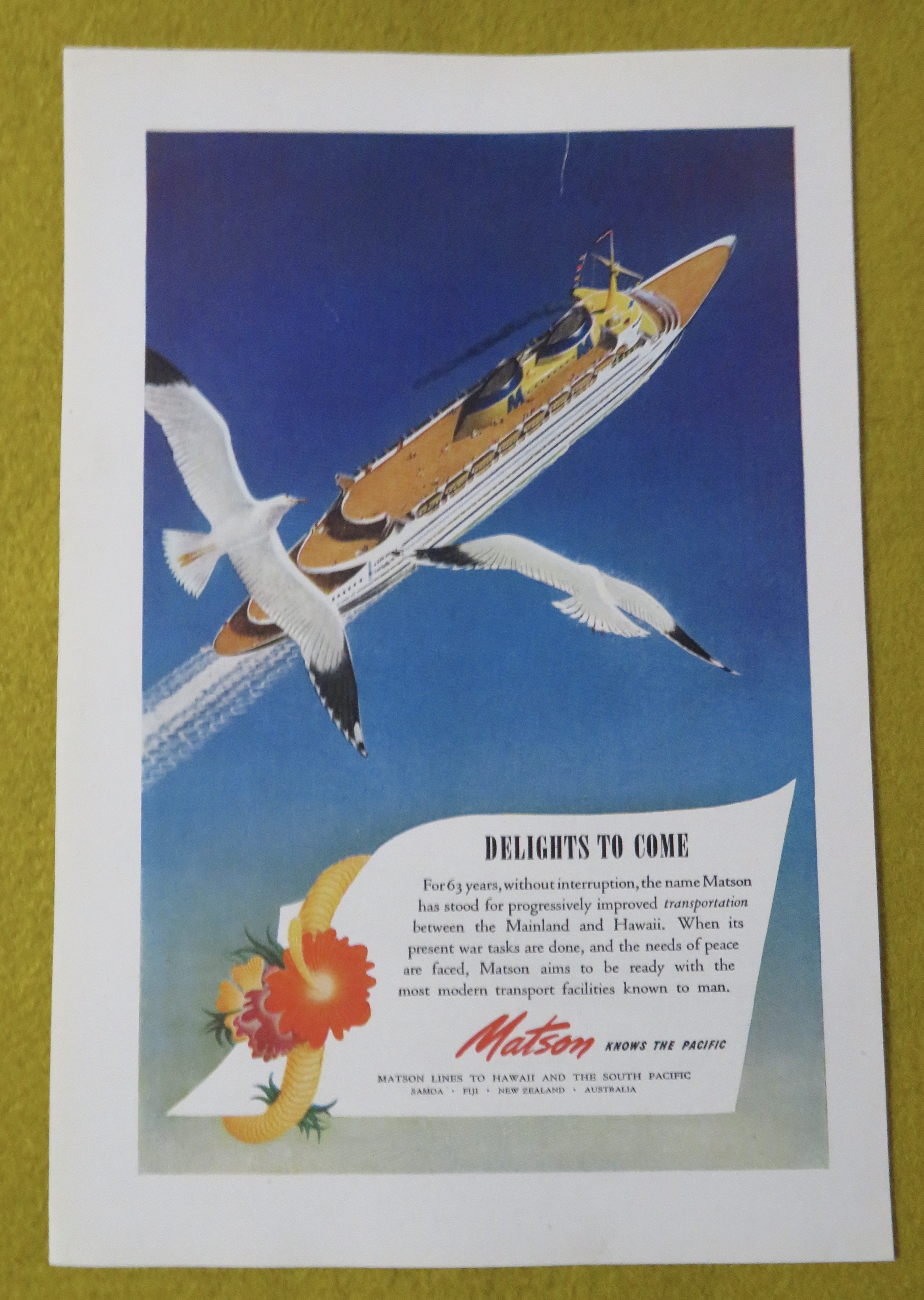 1945 Matson Lines To Hawaii with Delights To Come