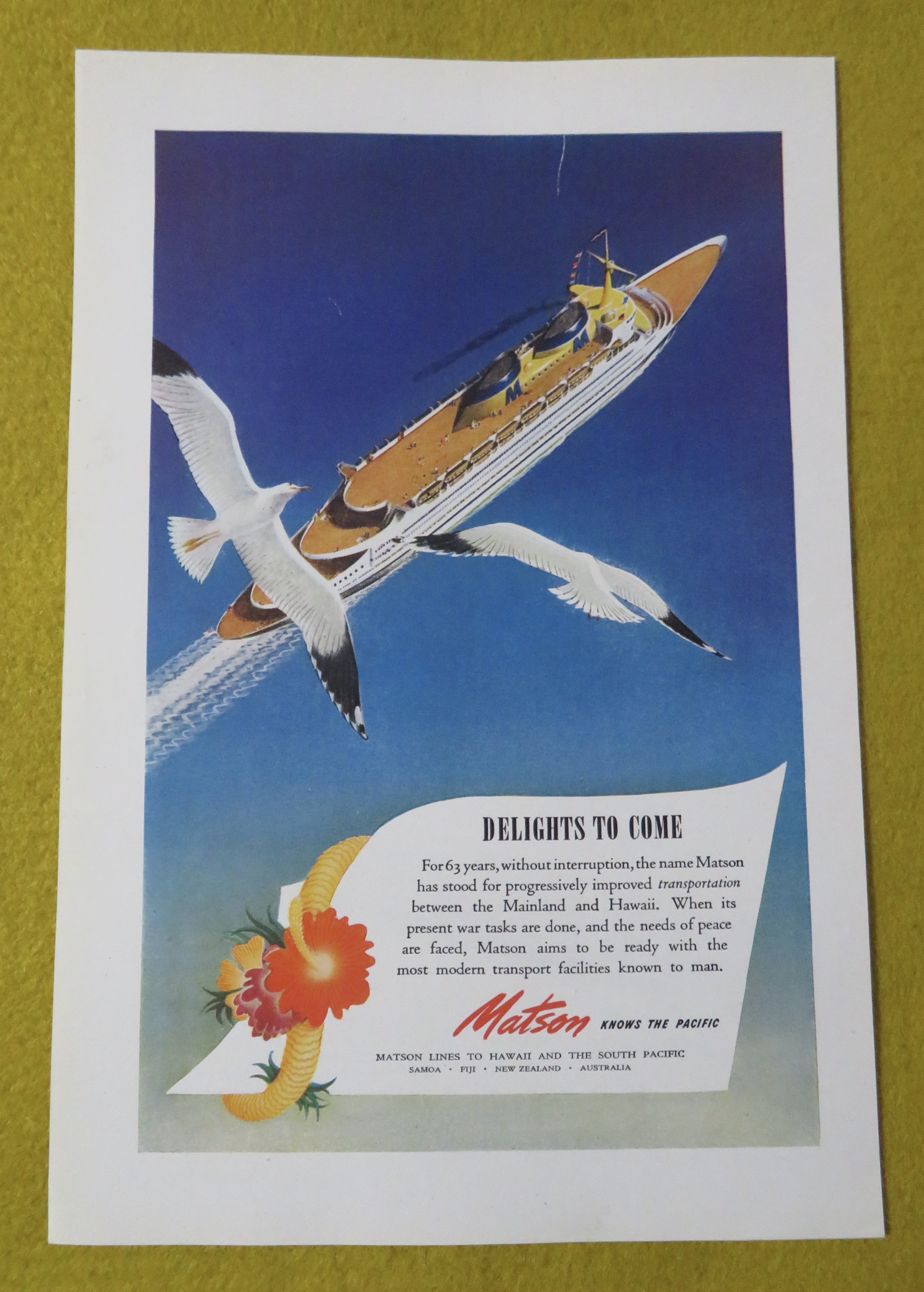 1945 Matson Lines To Hawaii with Delights To Come