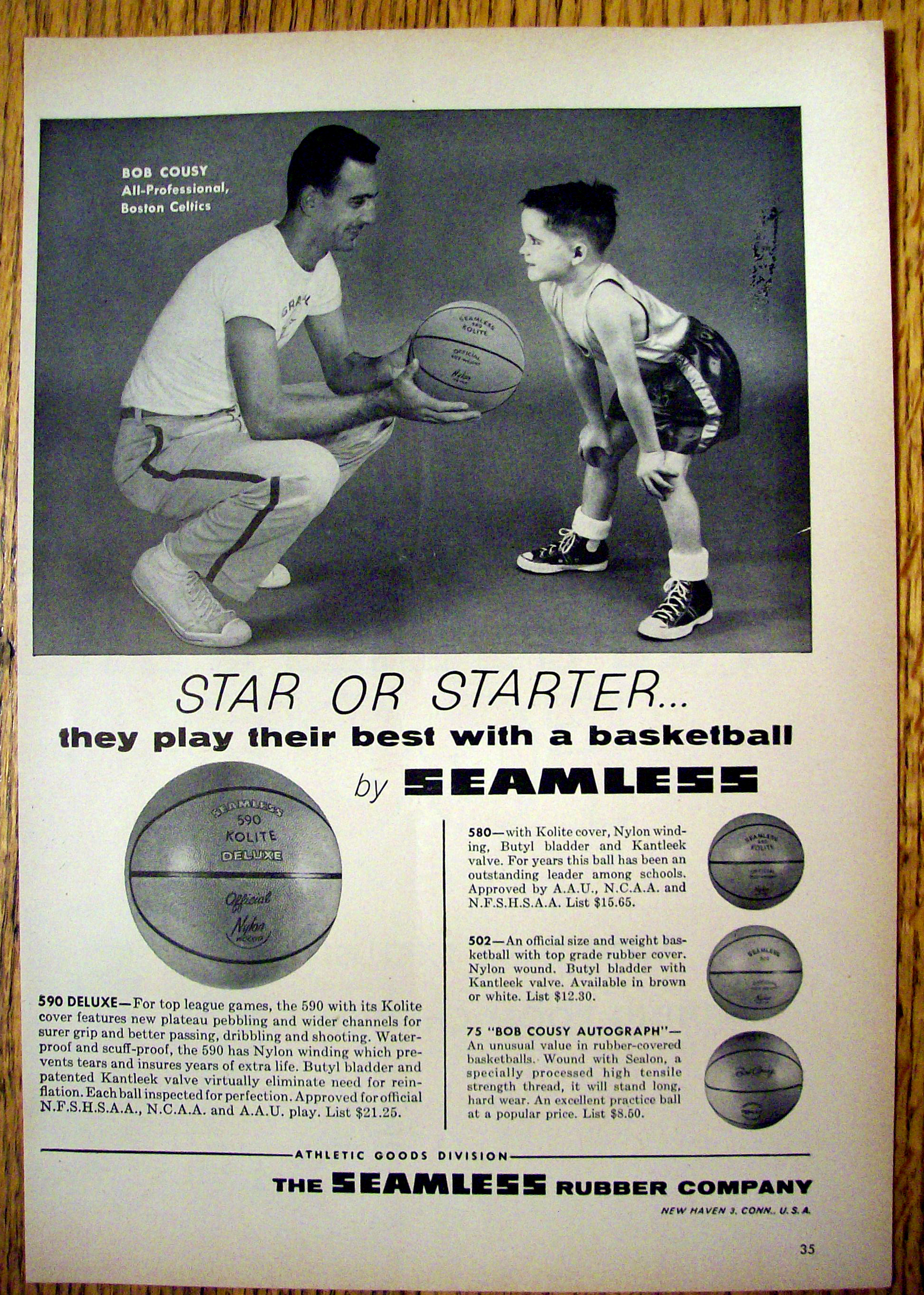 1958 Seamless Basketball with Boston Celtics Bob Cousy