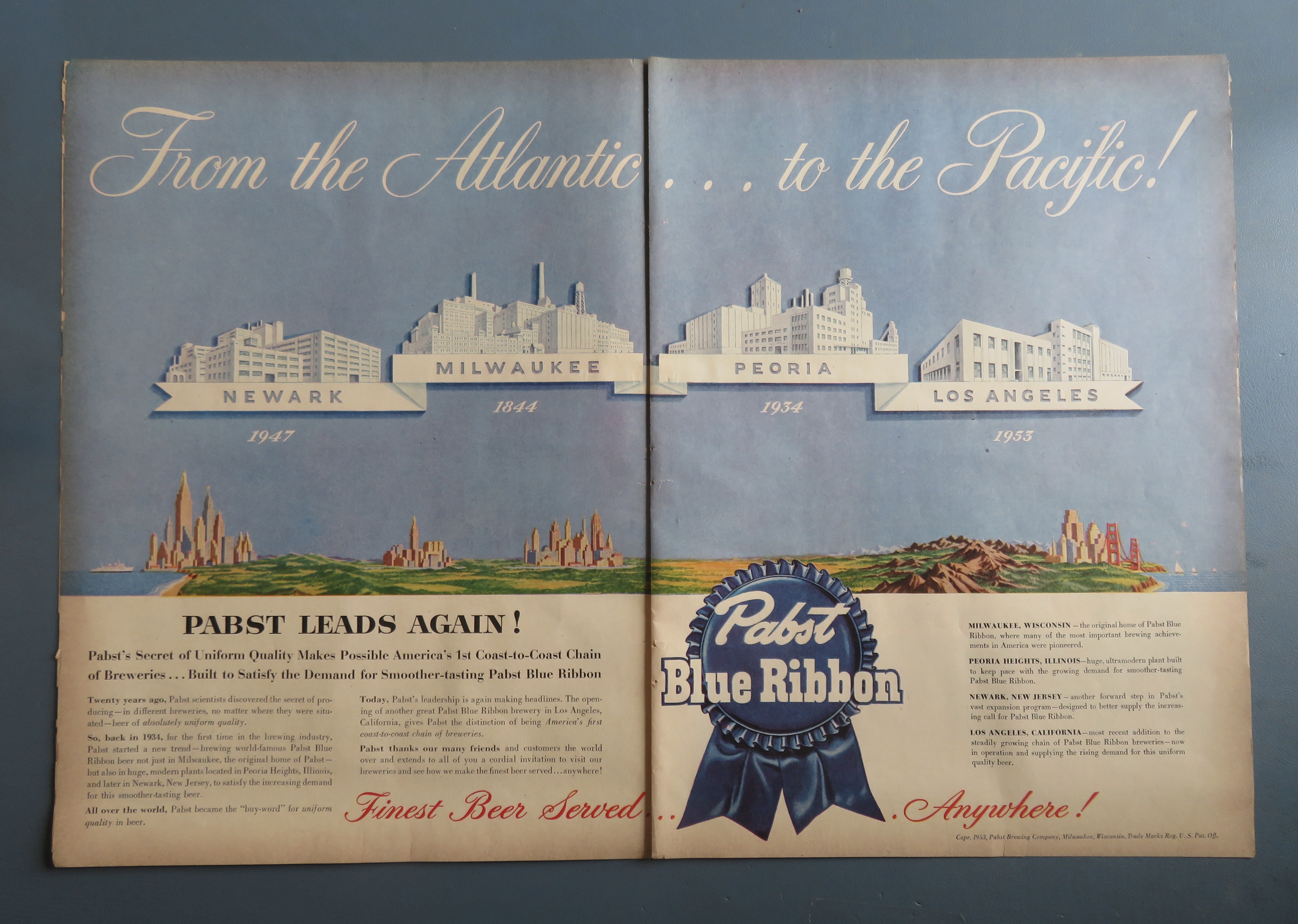 1953 Pabst Blue Ribbon Beer with Atlantic To Pacific