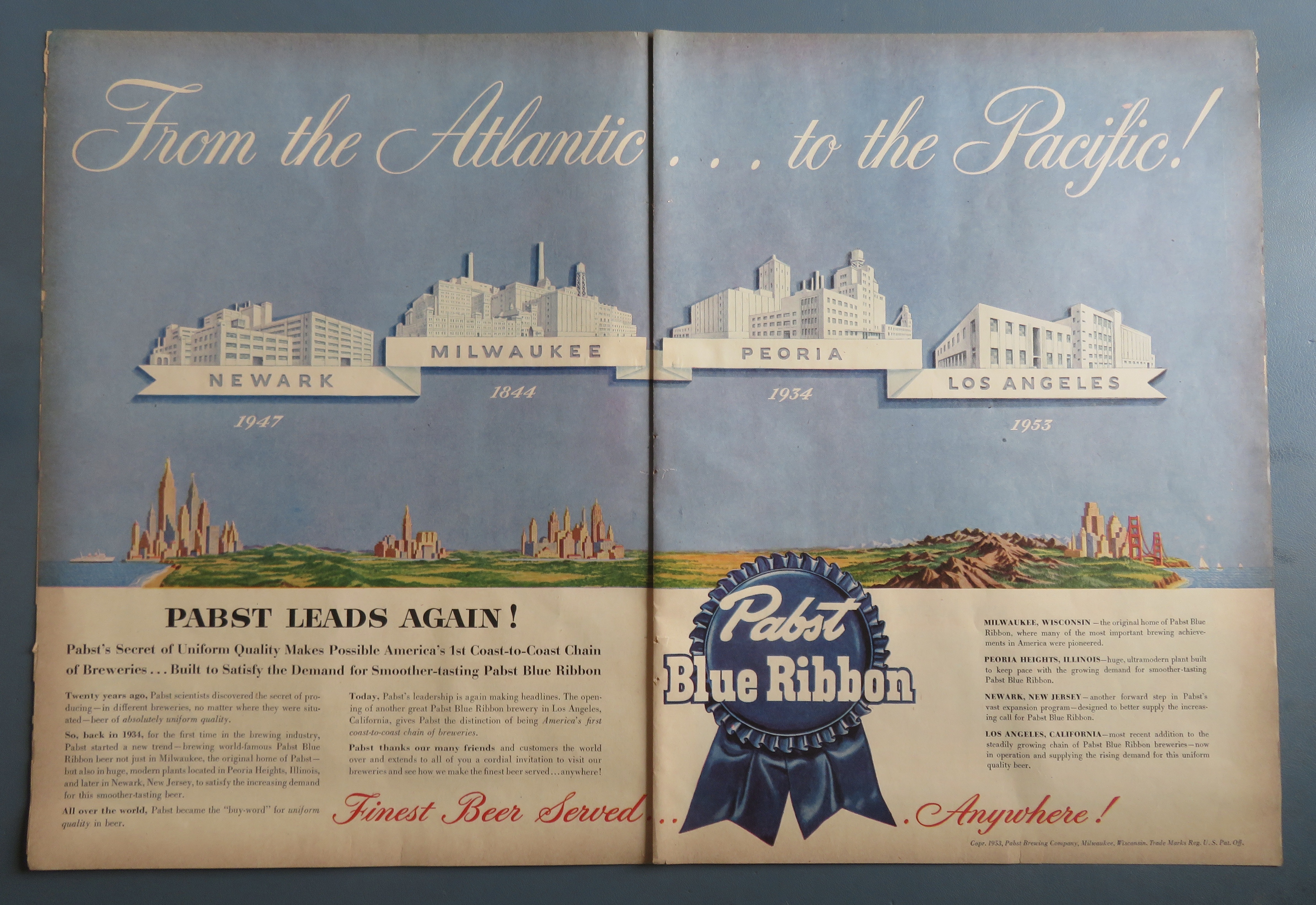 1953 Pabst Blue Ribbon Beer with Atlantic To Pacific