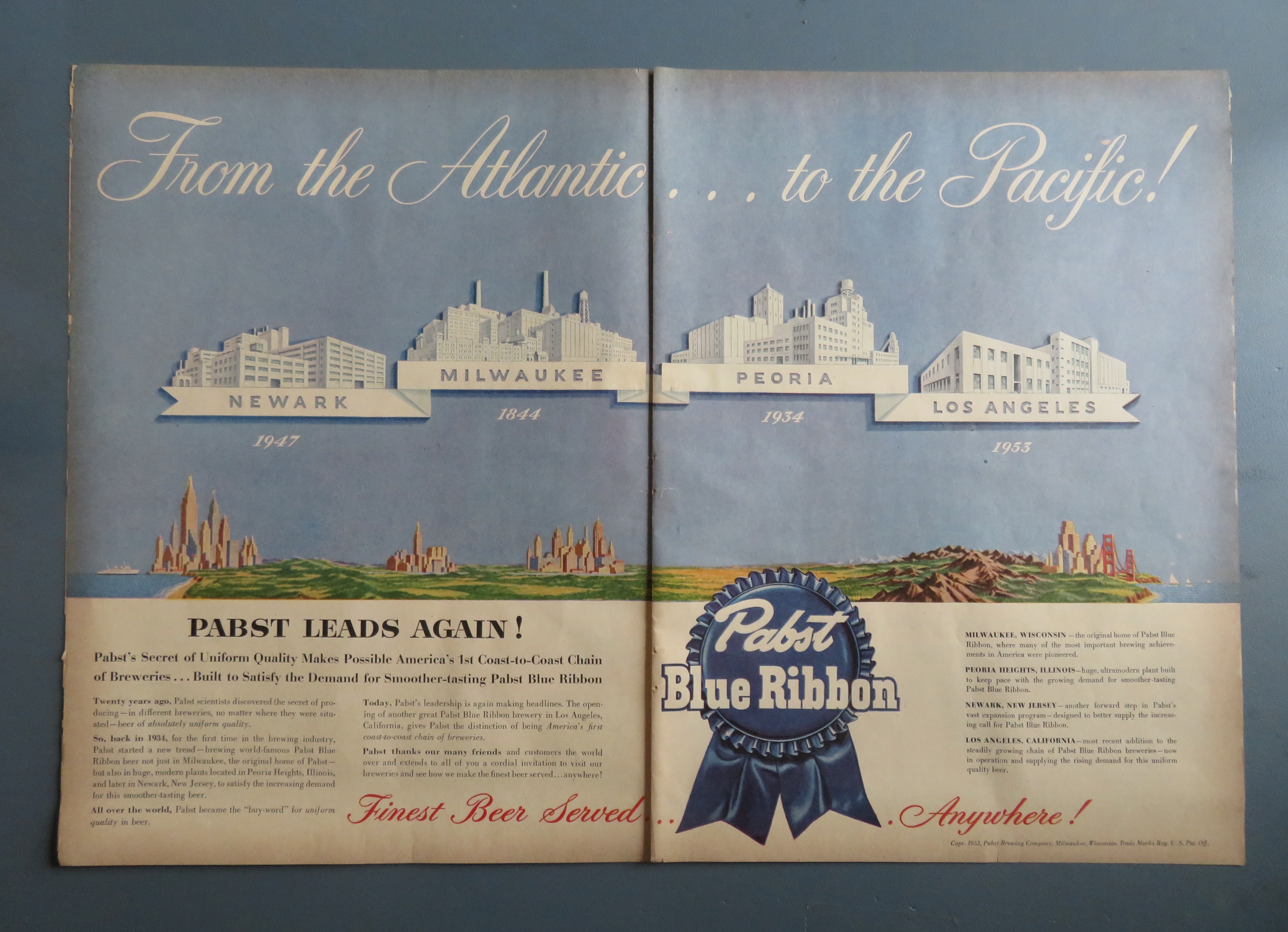 1953 Pabst Blue Ribbon Beer with Atlantic To Pacific
