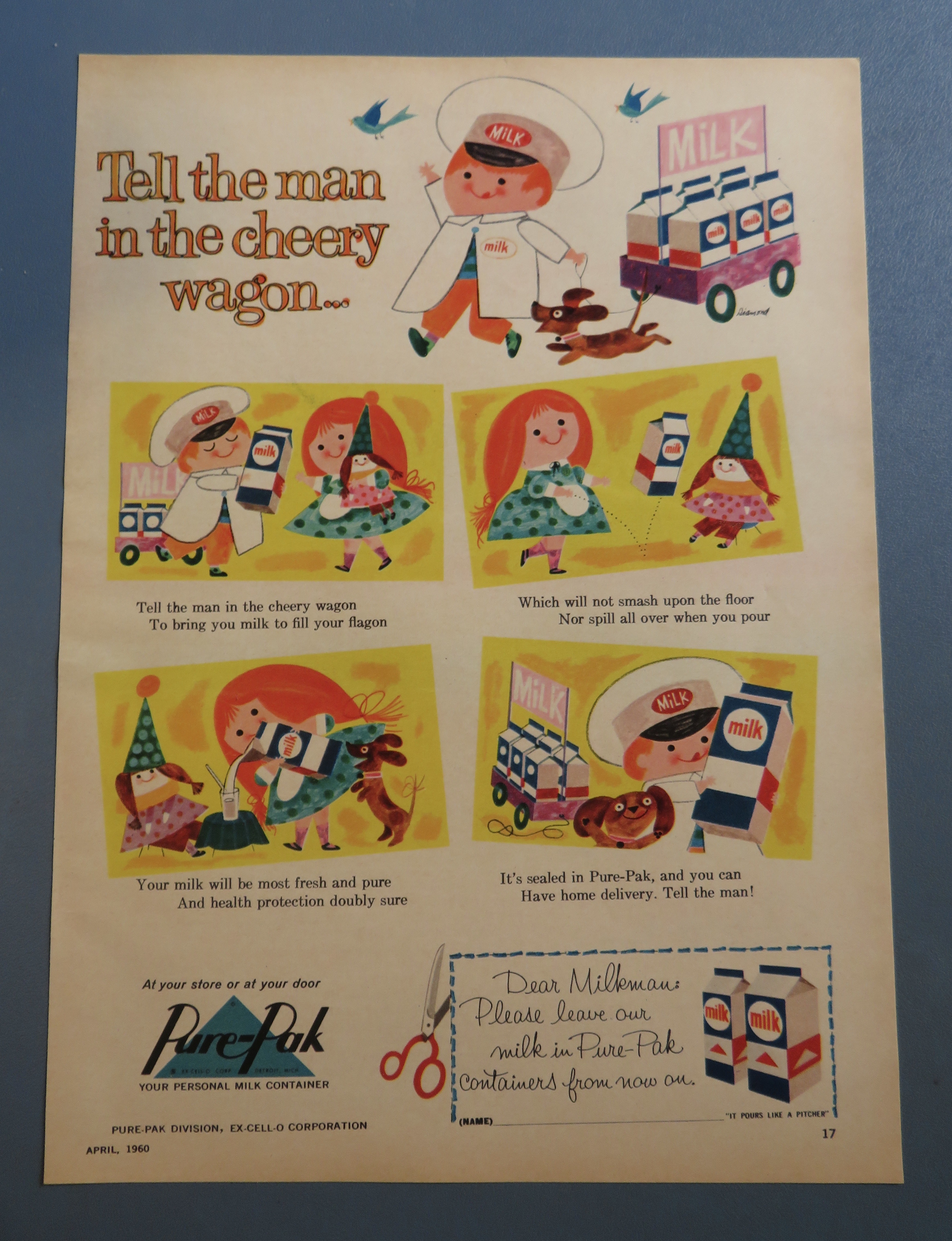 1960 Pure Pak Milk with Man In Cheery Wagon