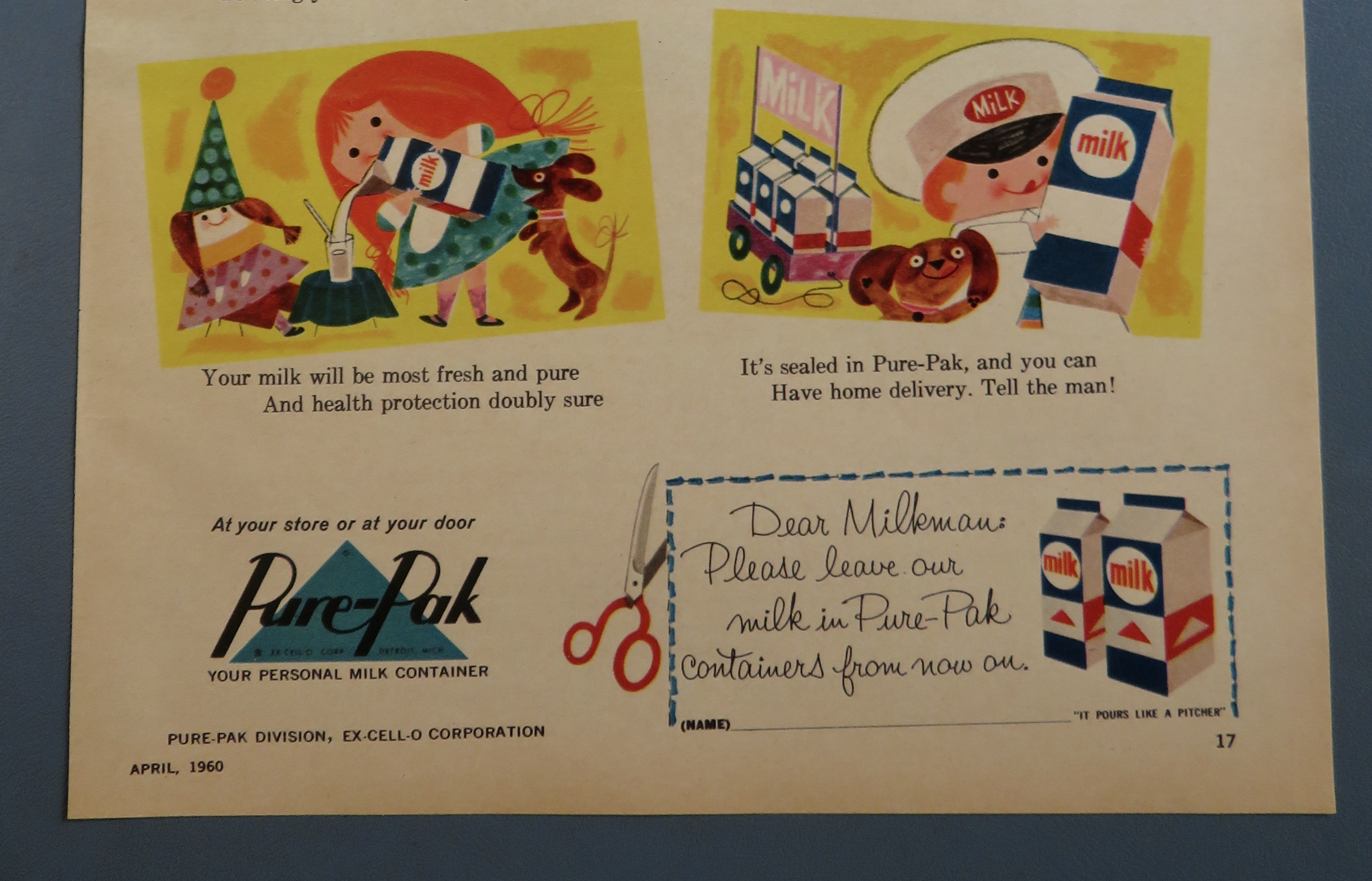 1960 Pure Pak Milk with Man In Cheery Wagon