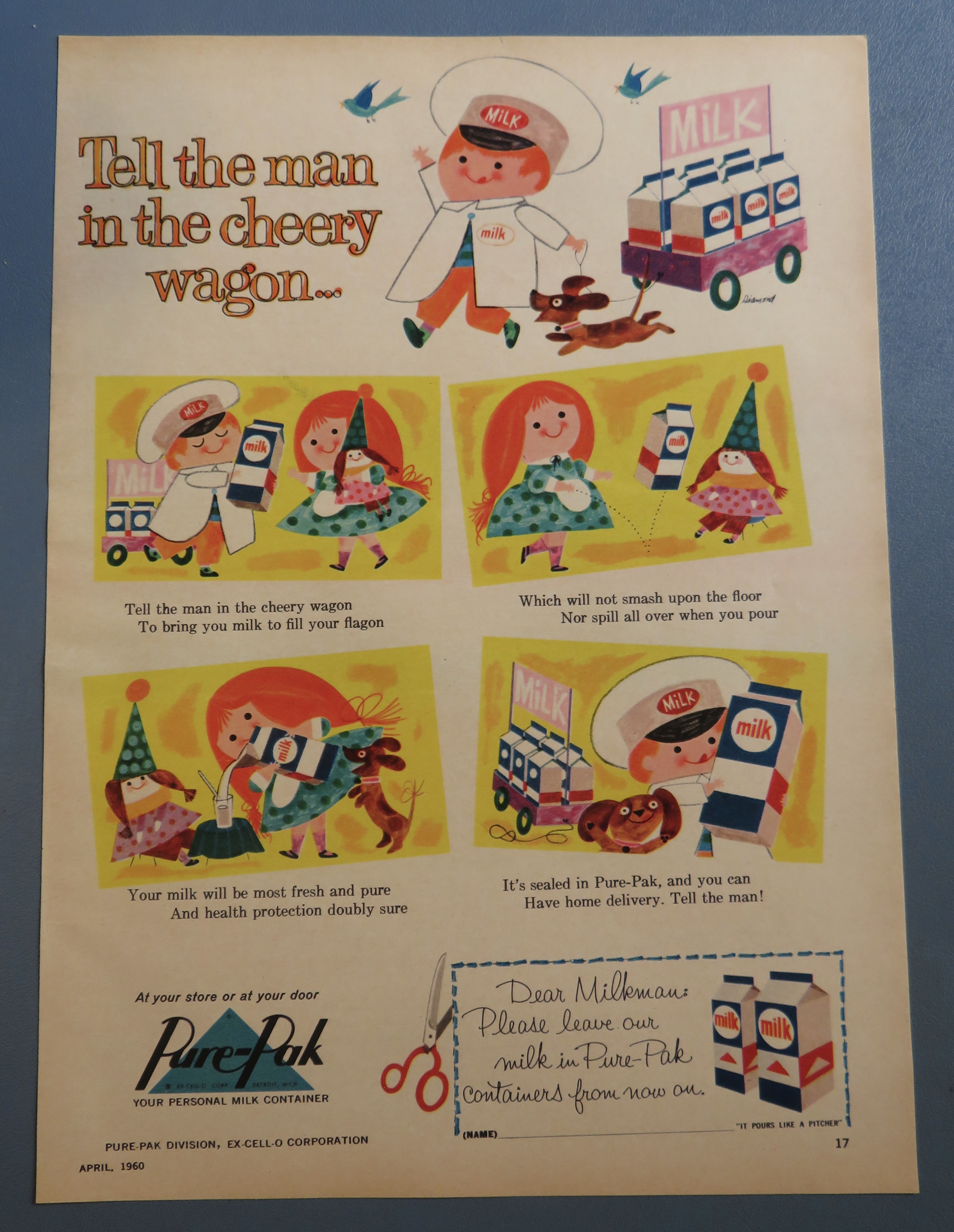 1960 Pure Pak Milk with Man In Cheery Wagon