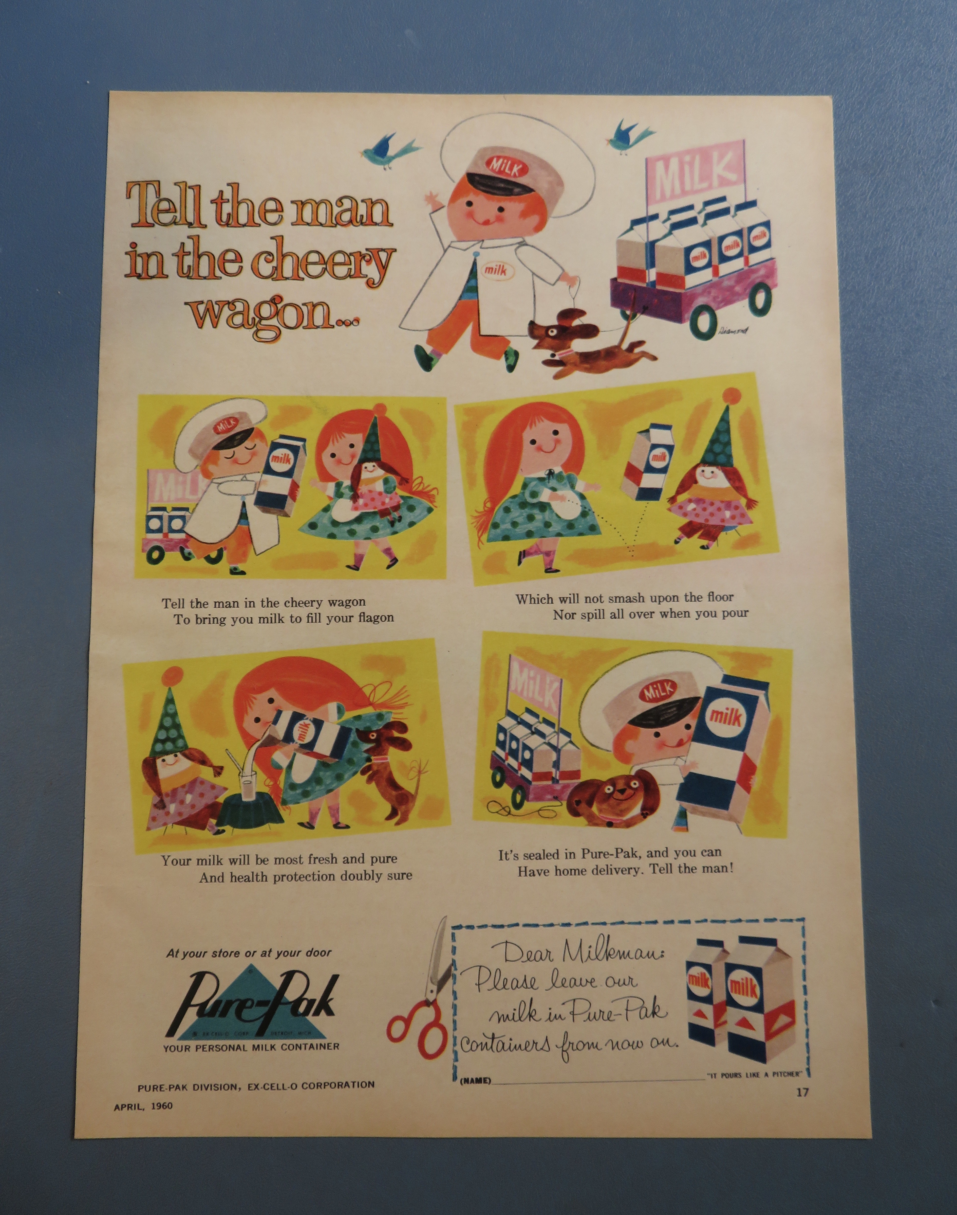 1960 Pure Pak Milk with Man In Cheery Wagon