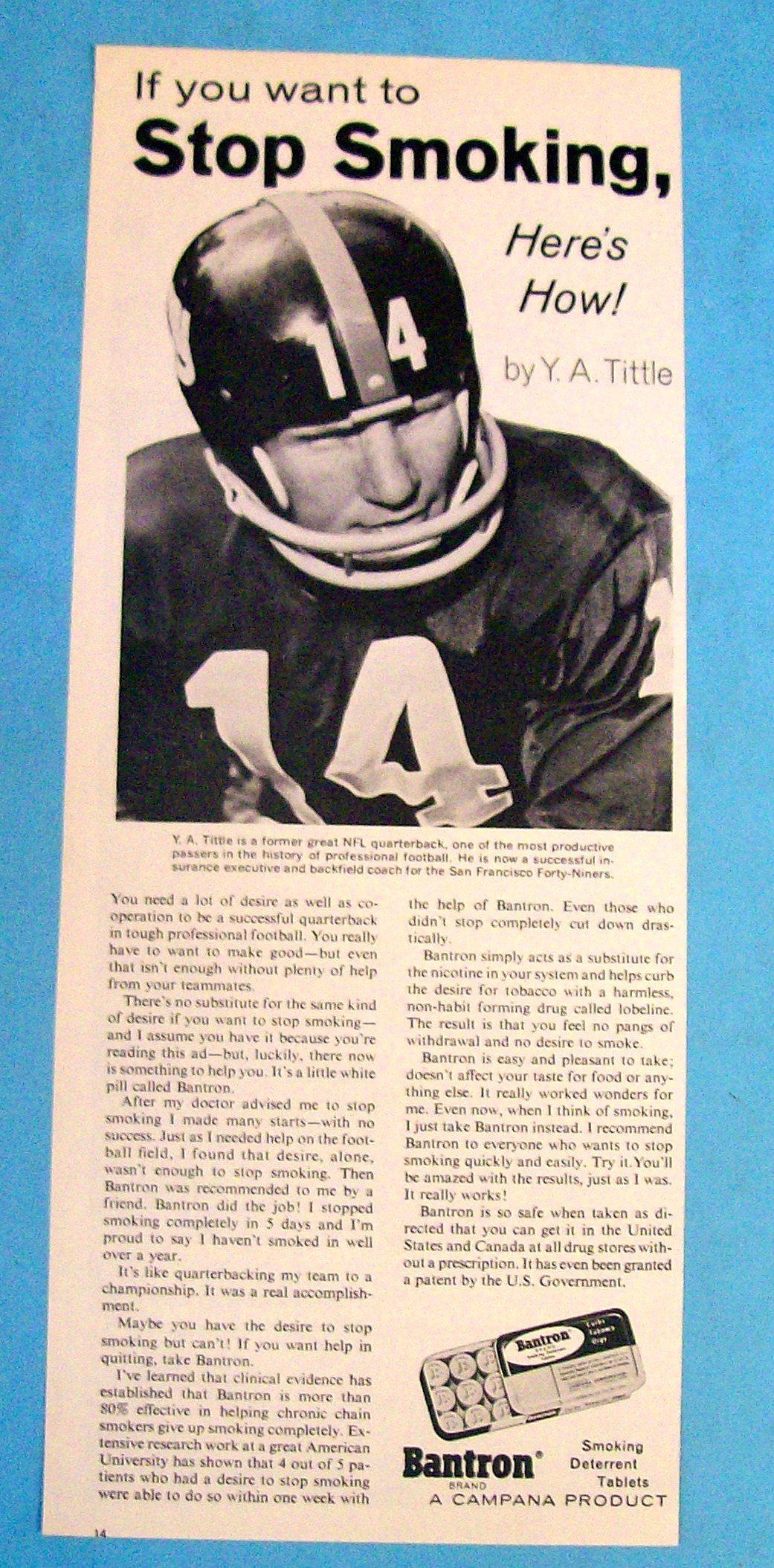 1967 Bantron Stop Smoking with Y. A. Tittle