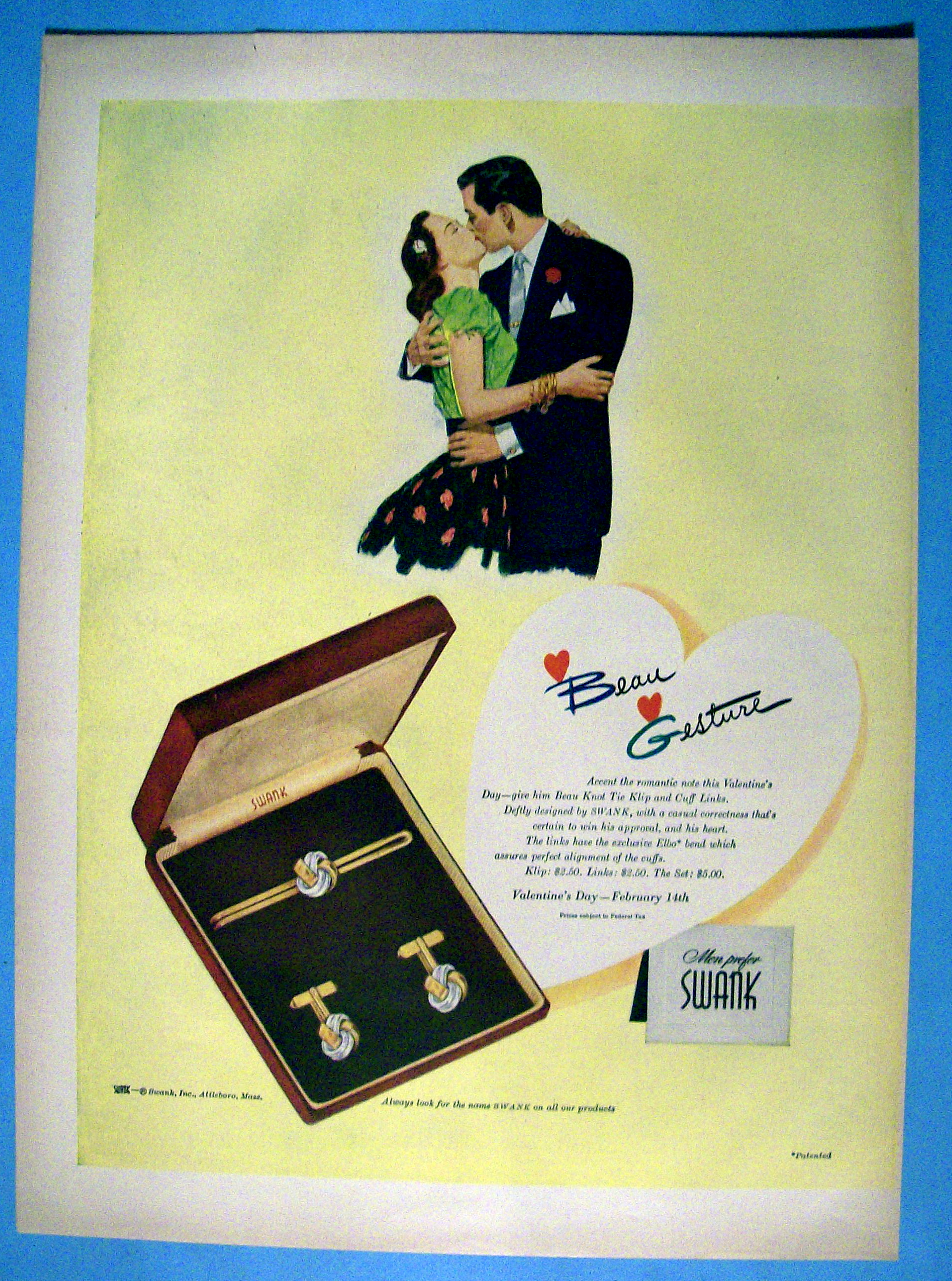 Vintage Ad: 1949 Swank Beau Knot Tie Clip & Cuff Links