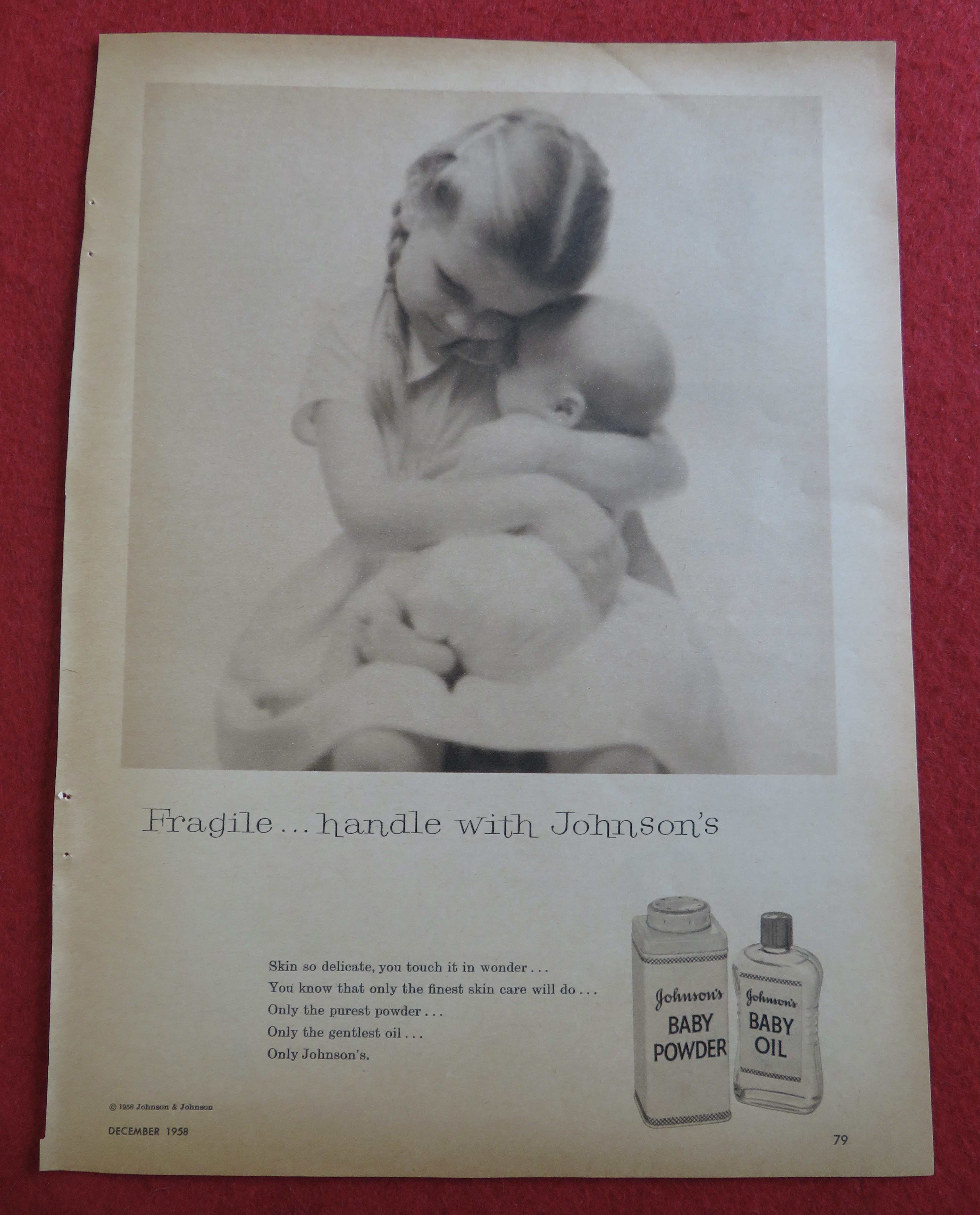 1958 Johnson's Baby Powder & Oil with Girl Holding Baby