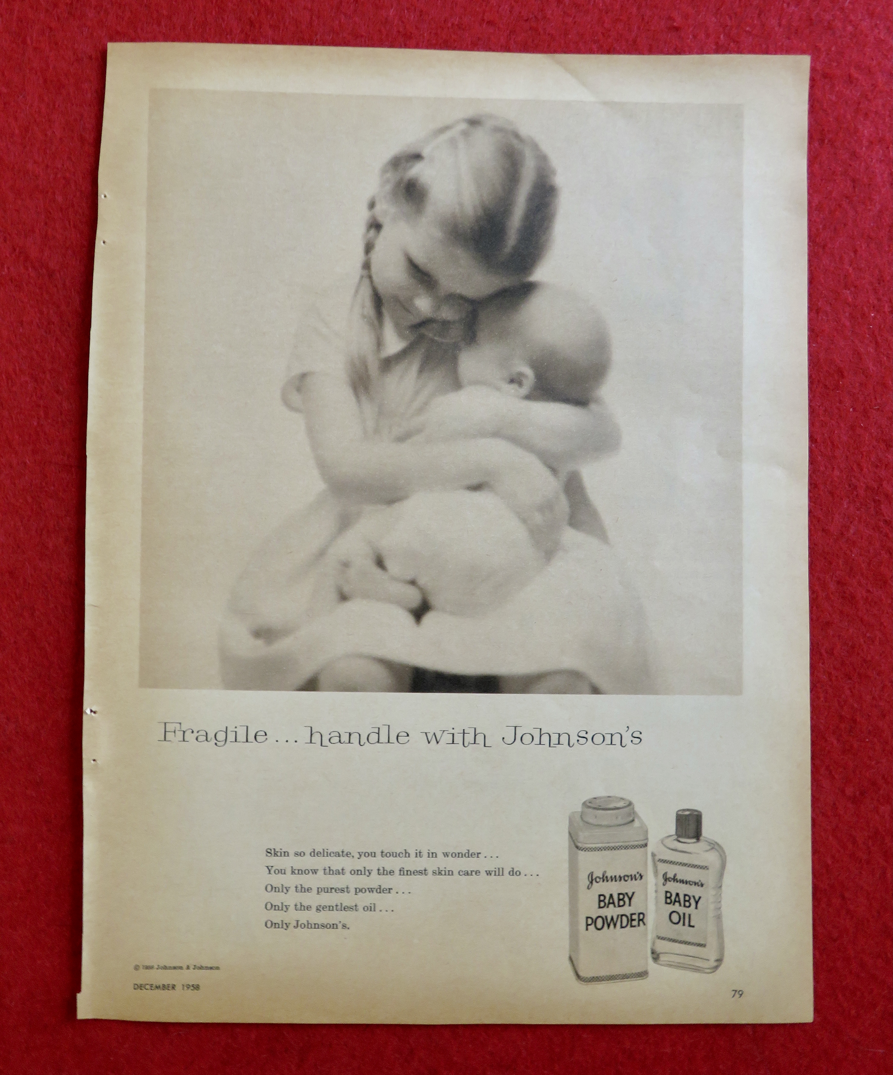 1958 Johnson's Baby Powder & Oil with Girl Holding Baby