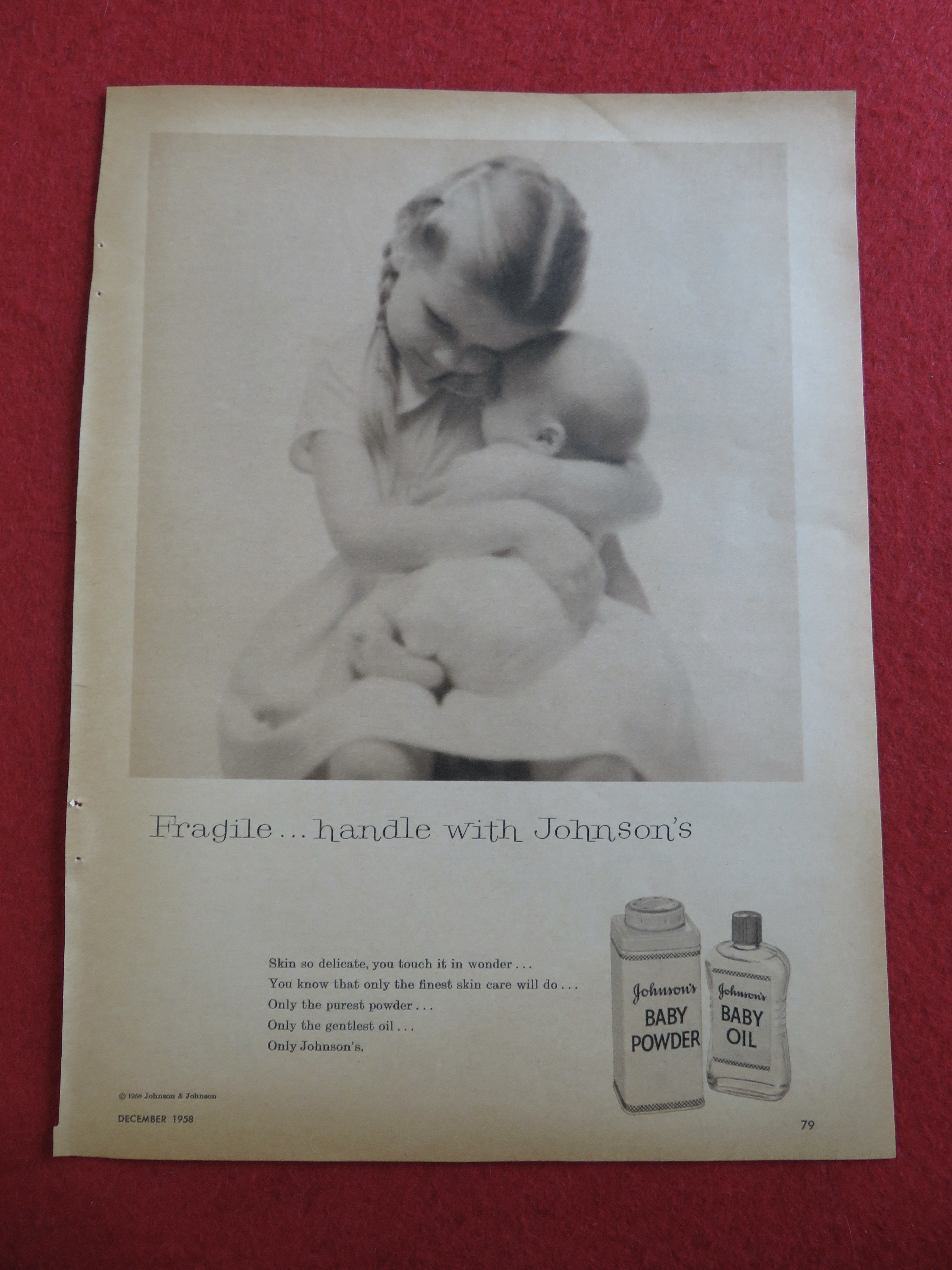 1958 Johnson's Baby Powder & Oil with Girl Holding Baby