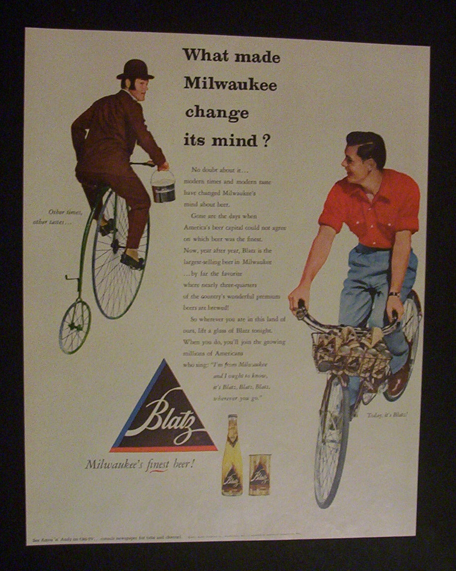 1952 Blatz Beer with 2 Men on Different Bikes