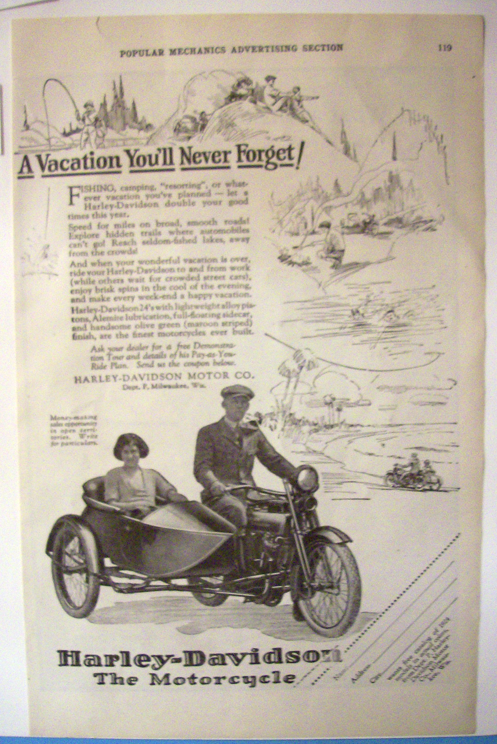 1924 Harley Davidson Motorcycle with Man & Woman