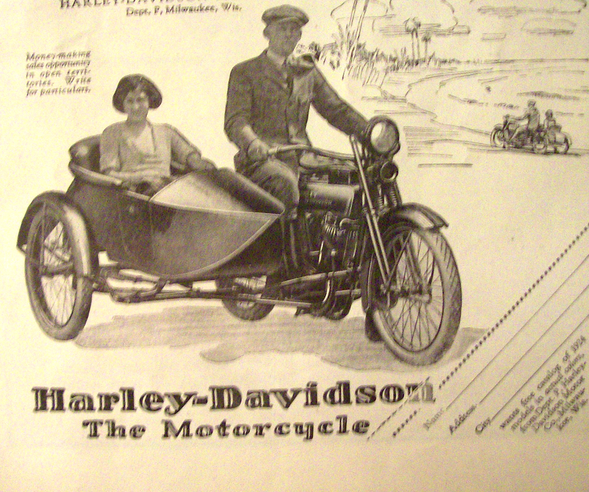 1924 Harley Davidson Motorcycle with Man & Woman