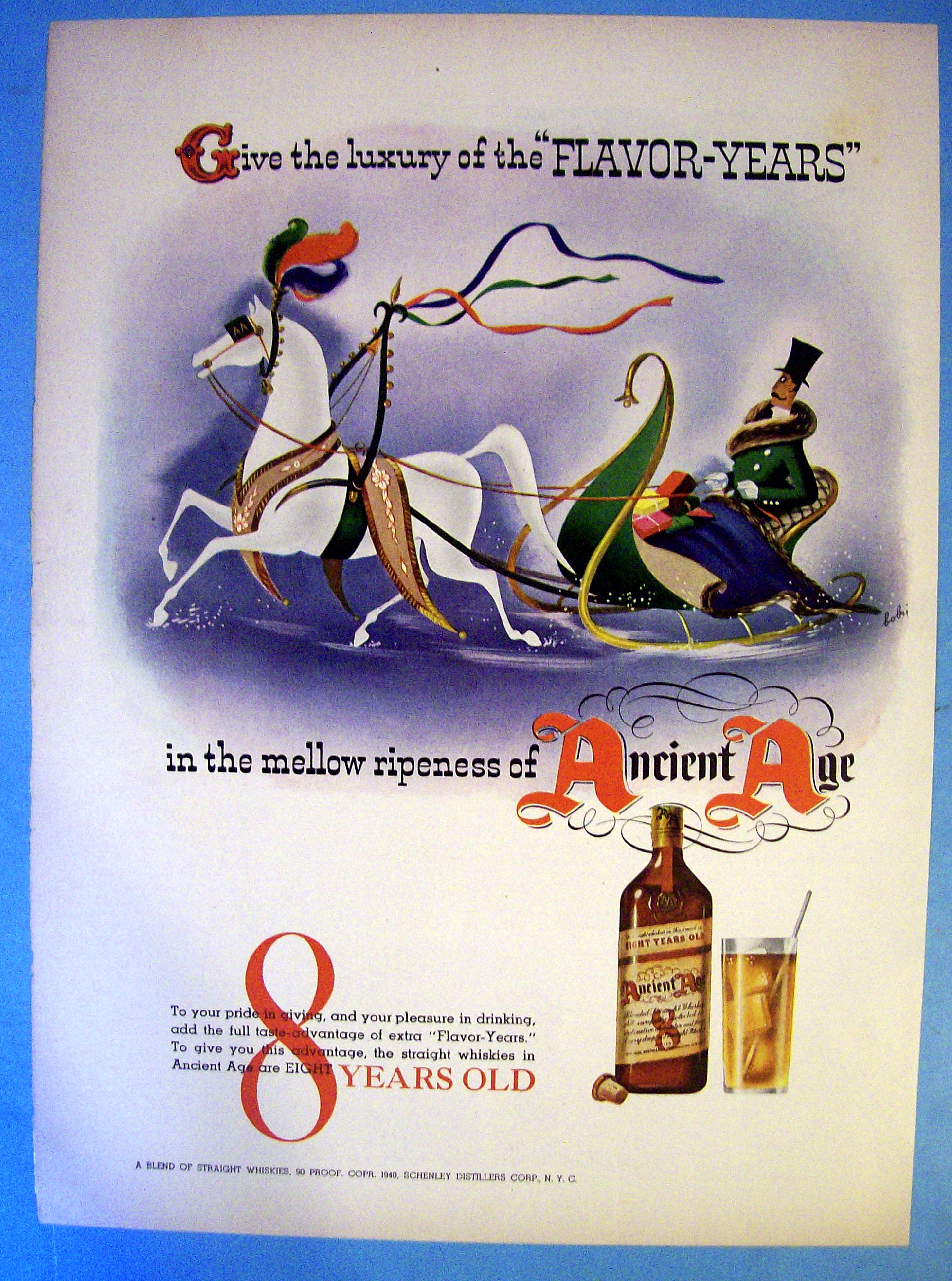 1940 Ancient Age Whiskey with Man in Sleigh