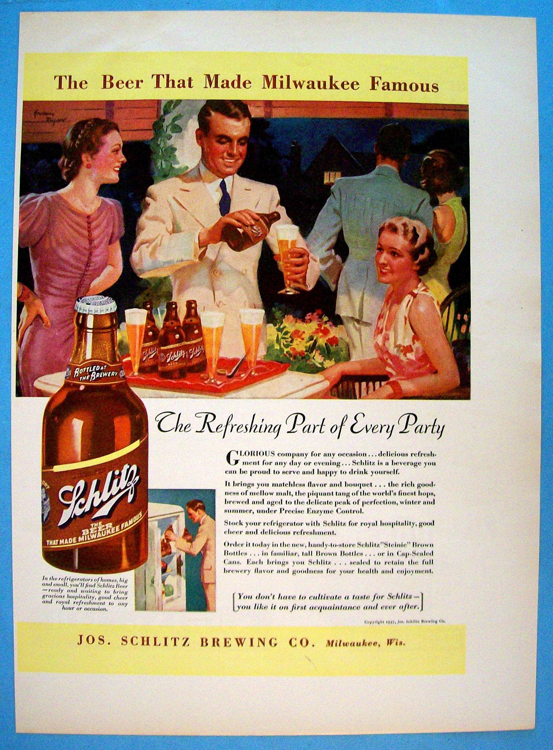 1937 Schlitz Beer with Man Pouring Bottle Of Beer