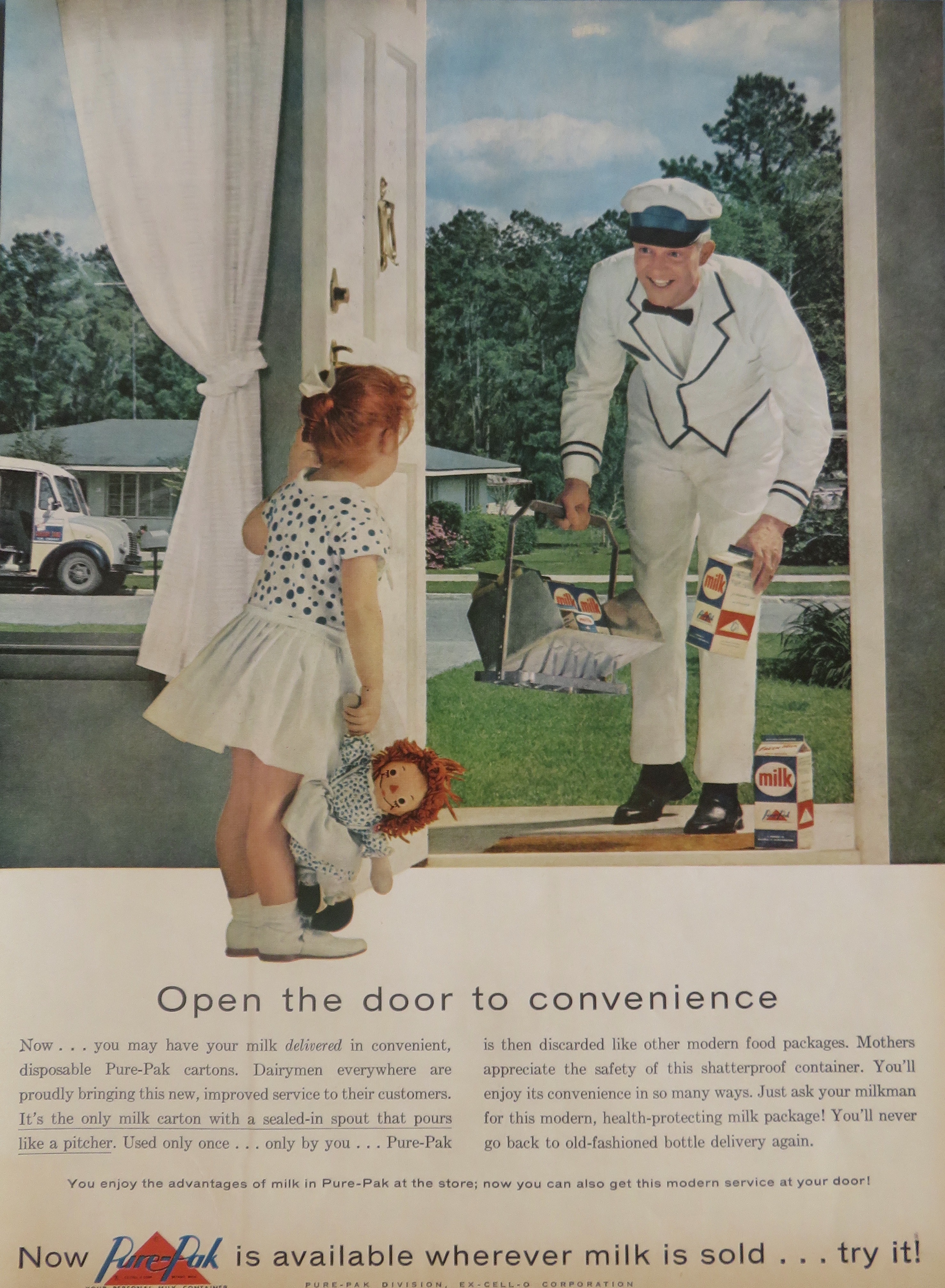 1959 Pure Pak Cartons with Milkman Delivering Milk