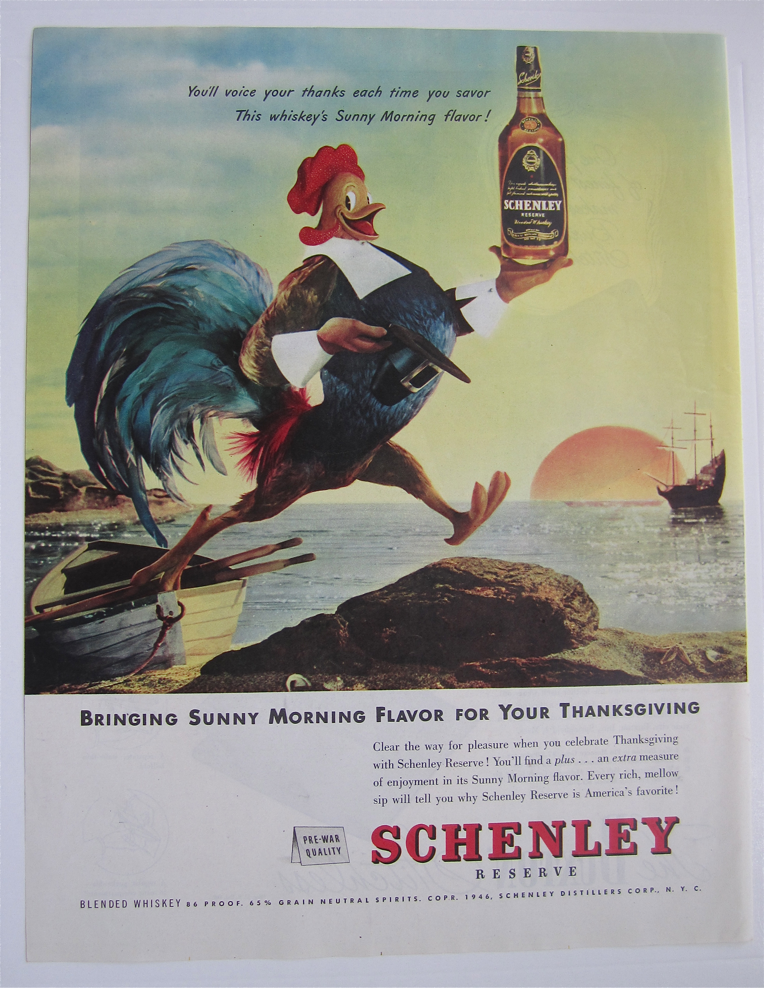 1946 Schenley Whiskey with Rooster Walking Off A Boat