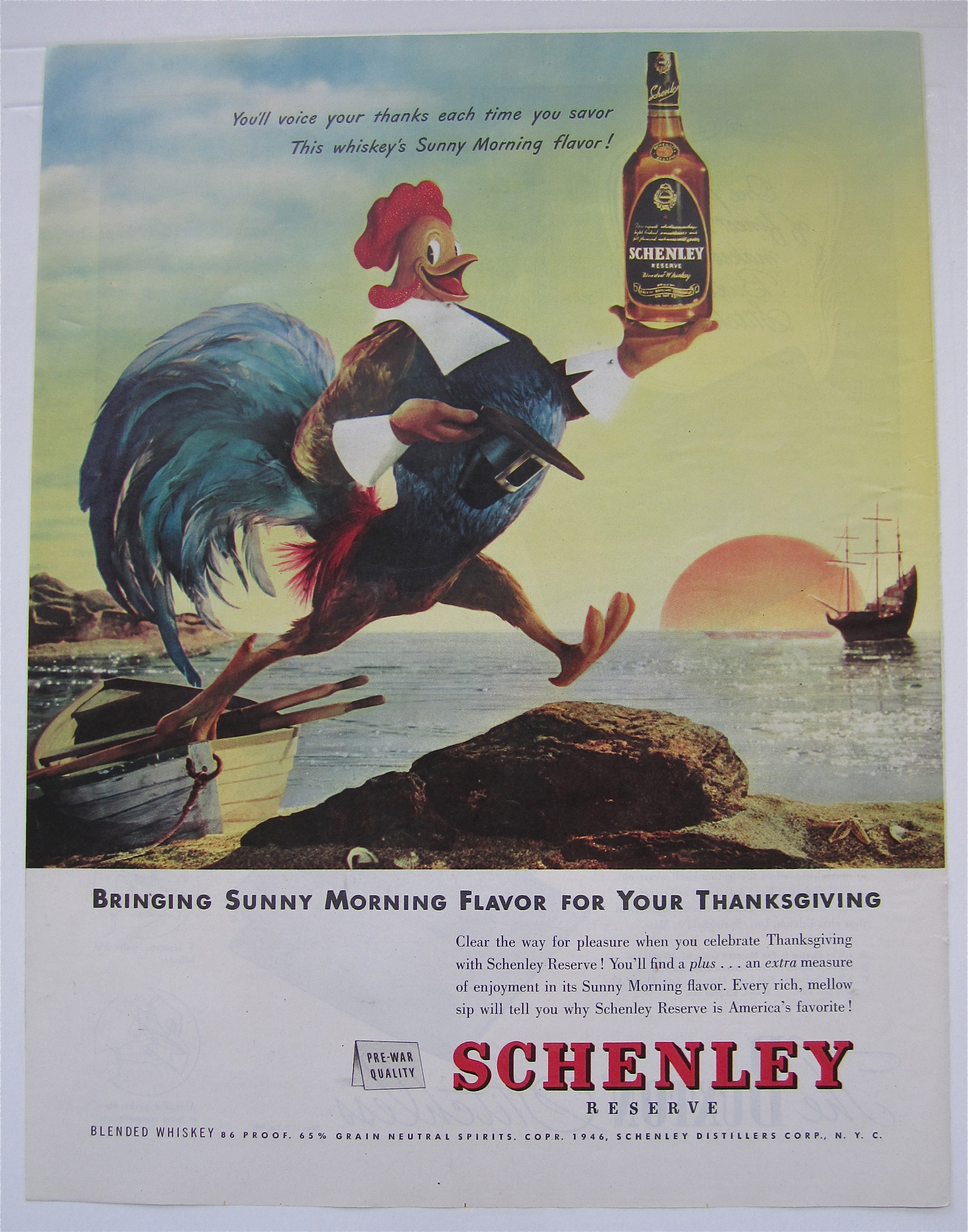 1946 Schenley Whiskey with Rooster Walking Off A Boat