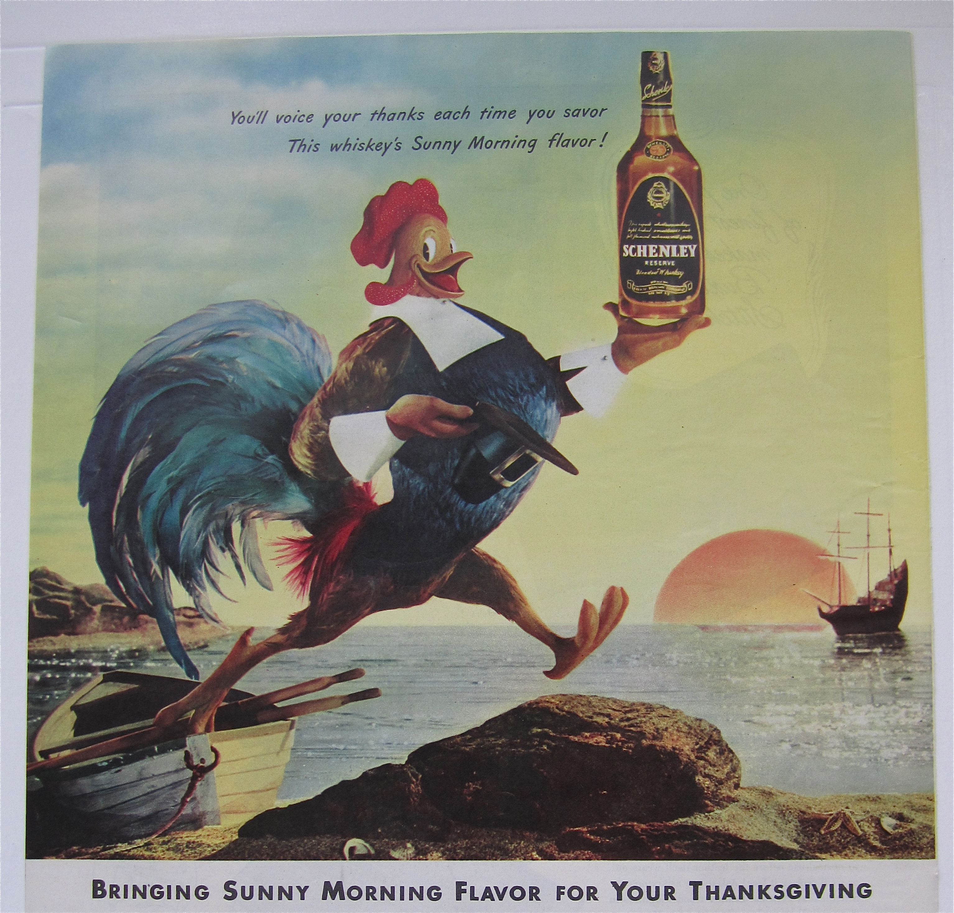 1946 Schenley Whiskey with Rooster Walking Off A Boat