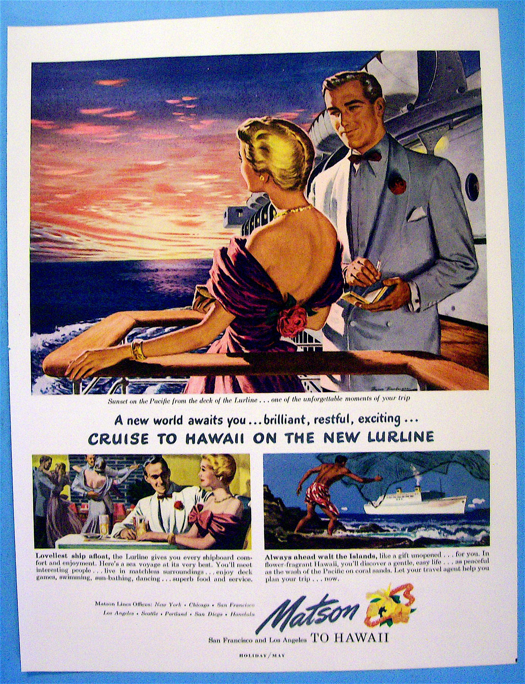1949 Matson To Hawaii Cruise Lines with Couple On Ship