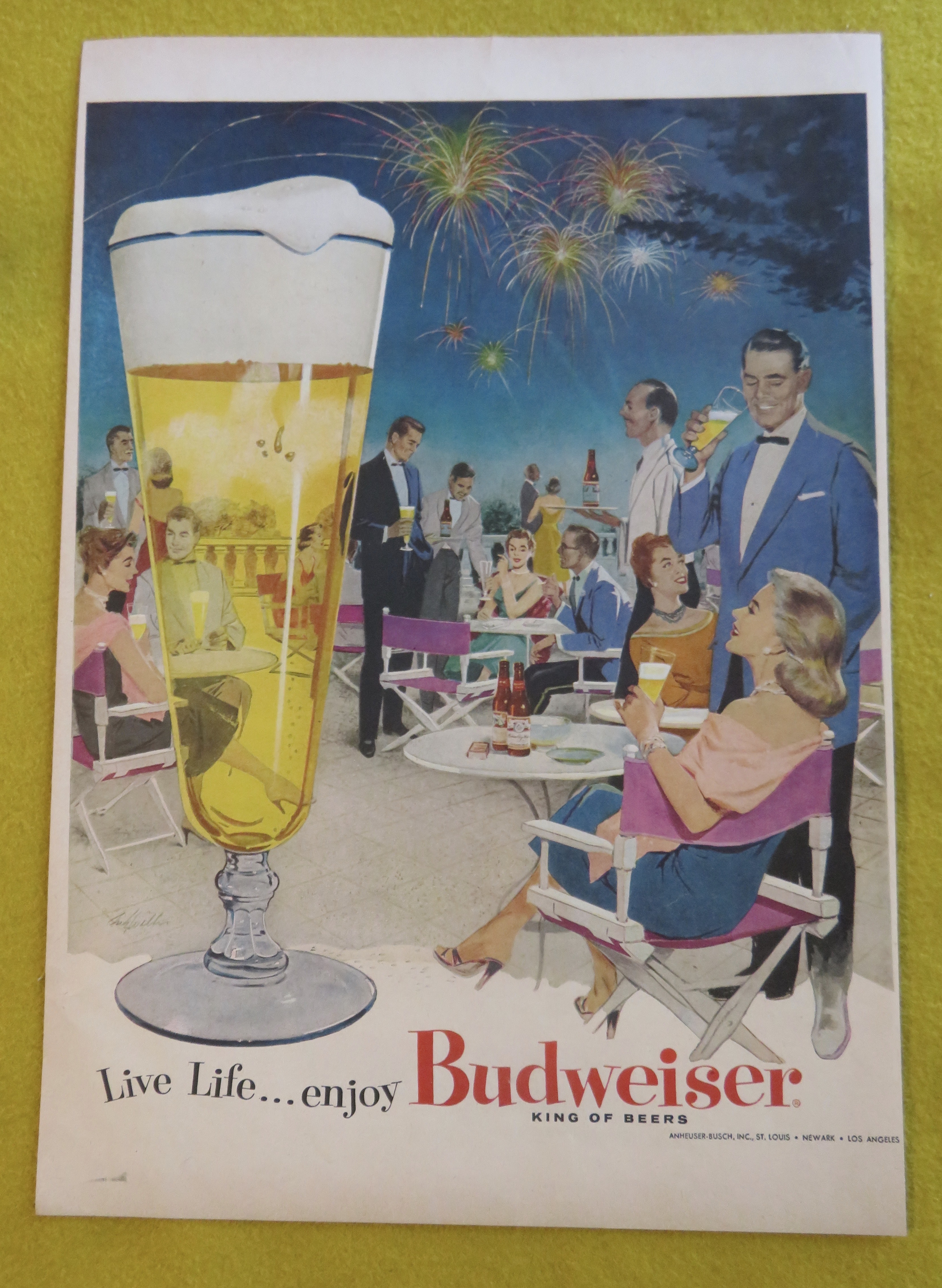 1956 Budweiser Beer w/ Glass Of Beer & Couple At Party