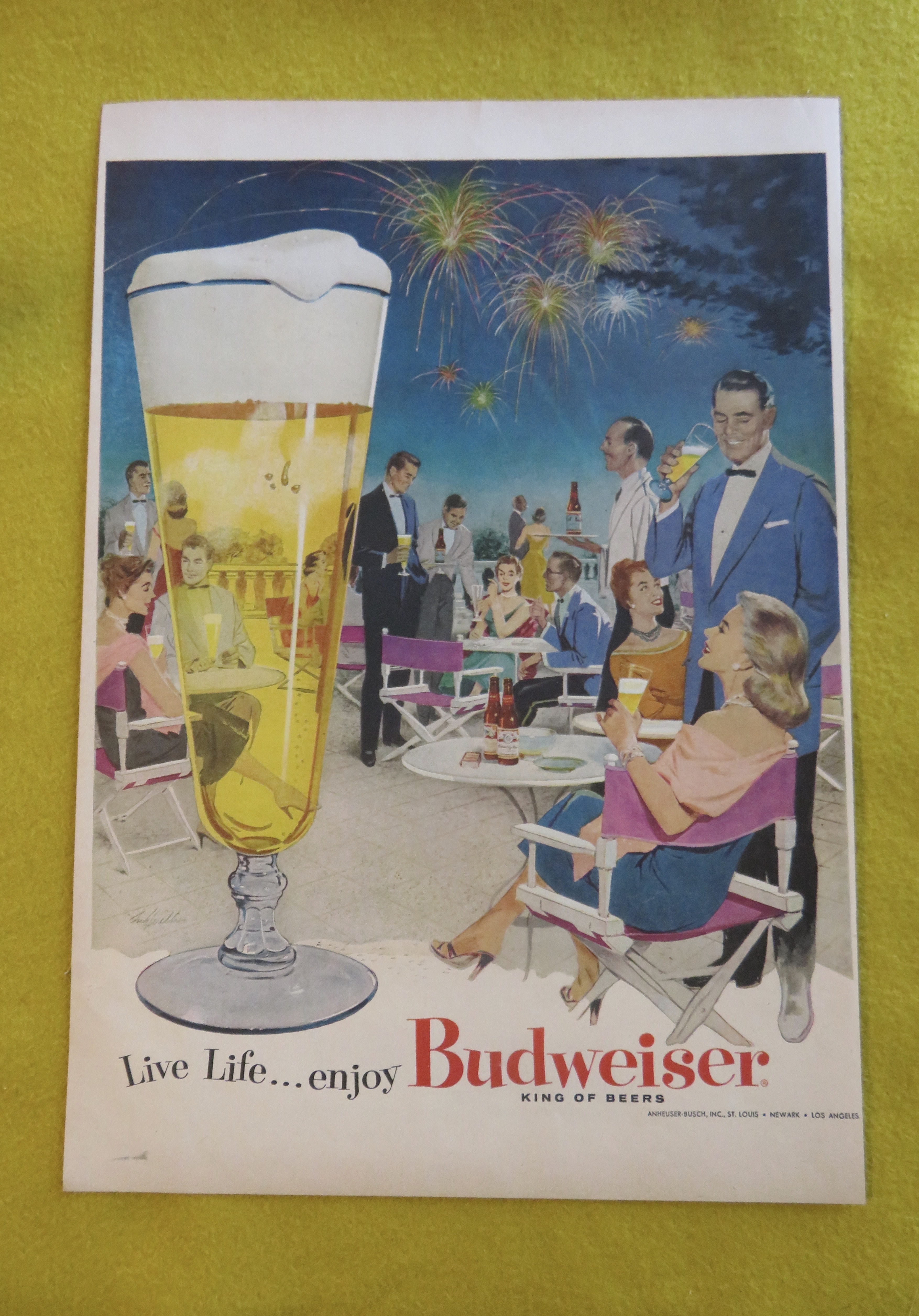 1956 Budweiser Beer w/ Glass Of Beer & Couple At Party