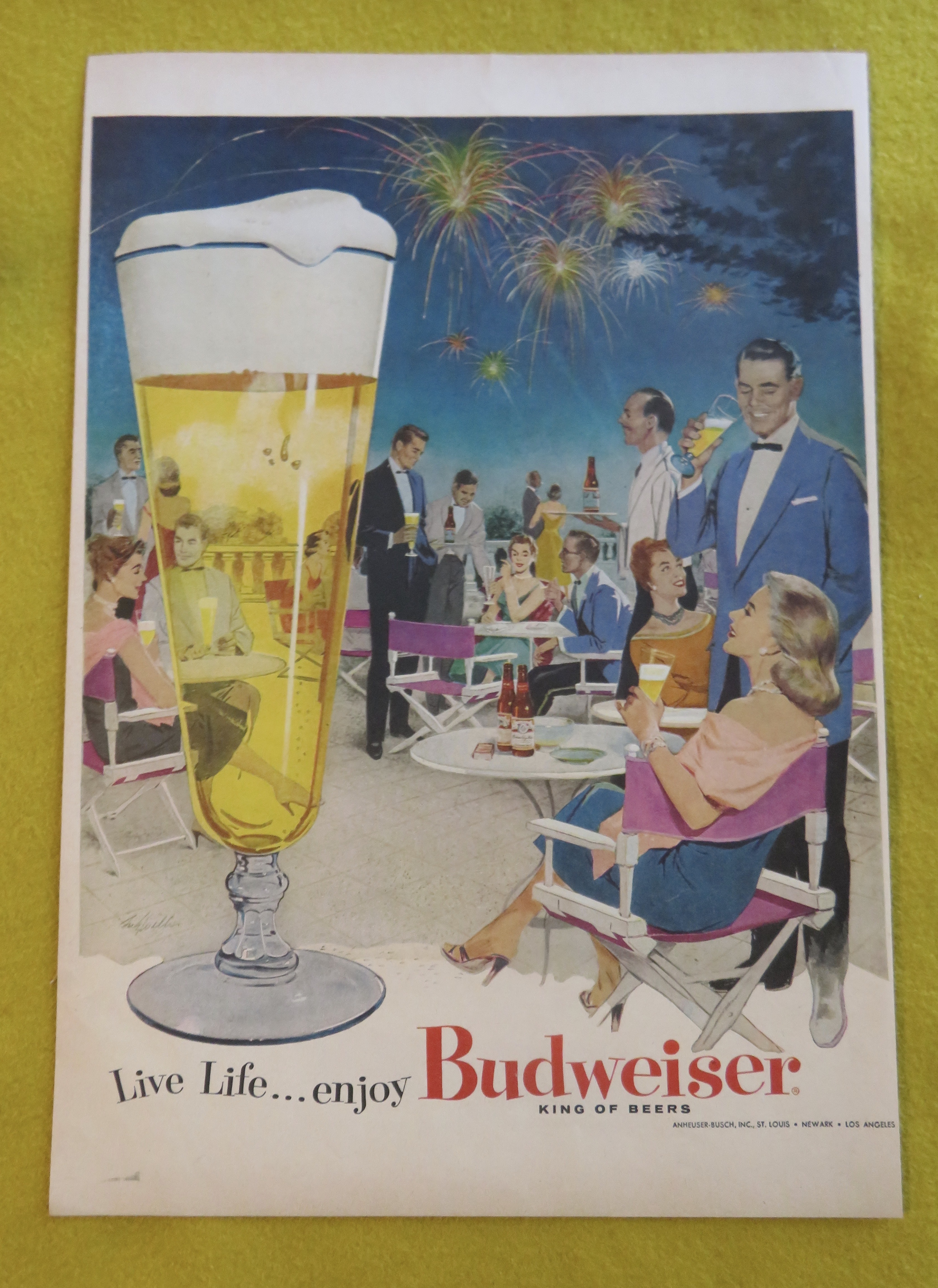 1956 Budweiser Beer w/ Glass Of Beer & Couple At Party
