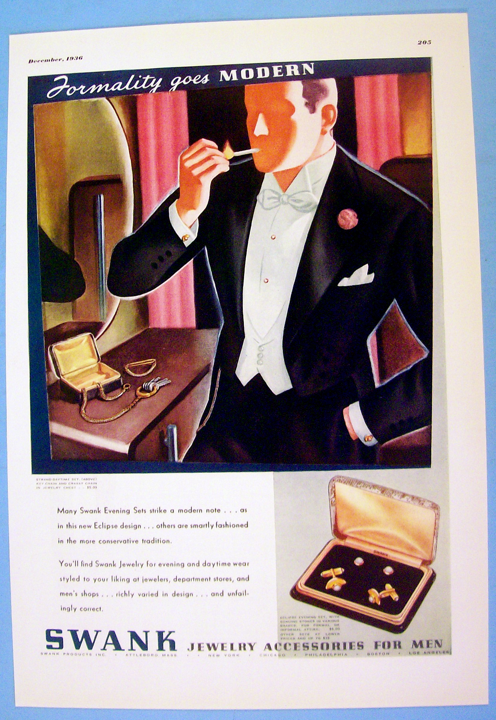 1936 Swank Jewelry with Man Lighting Cigarette In Mouth
