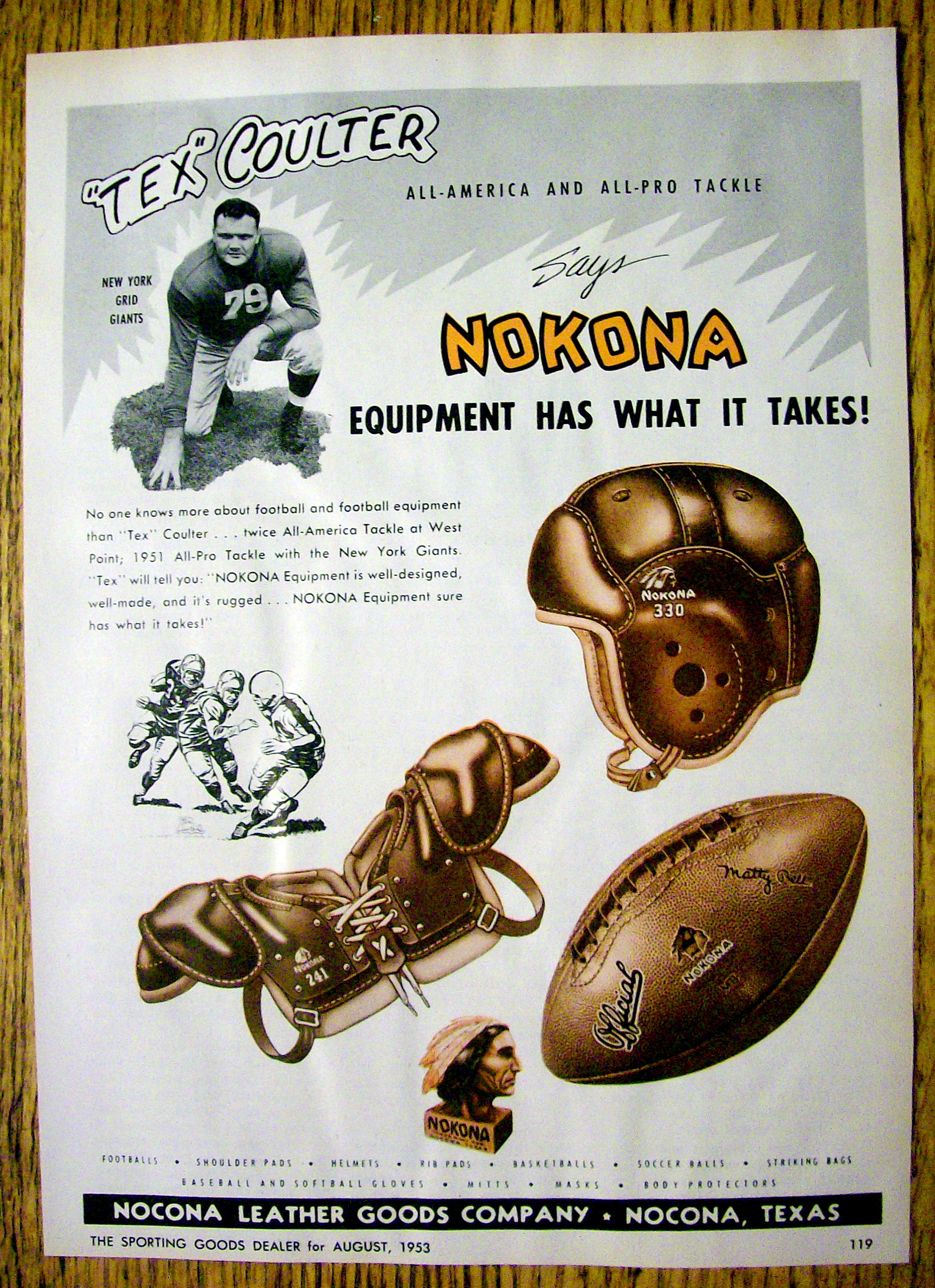1953 Nokona Equipment with New York Giants Tex Coulter