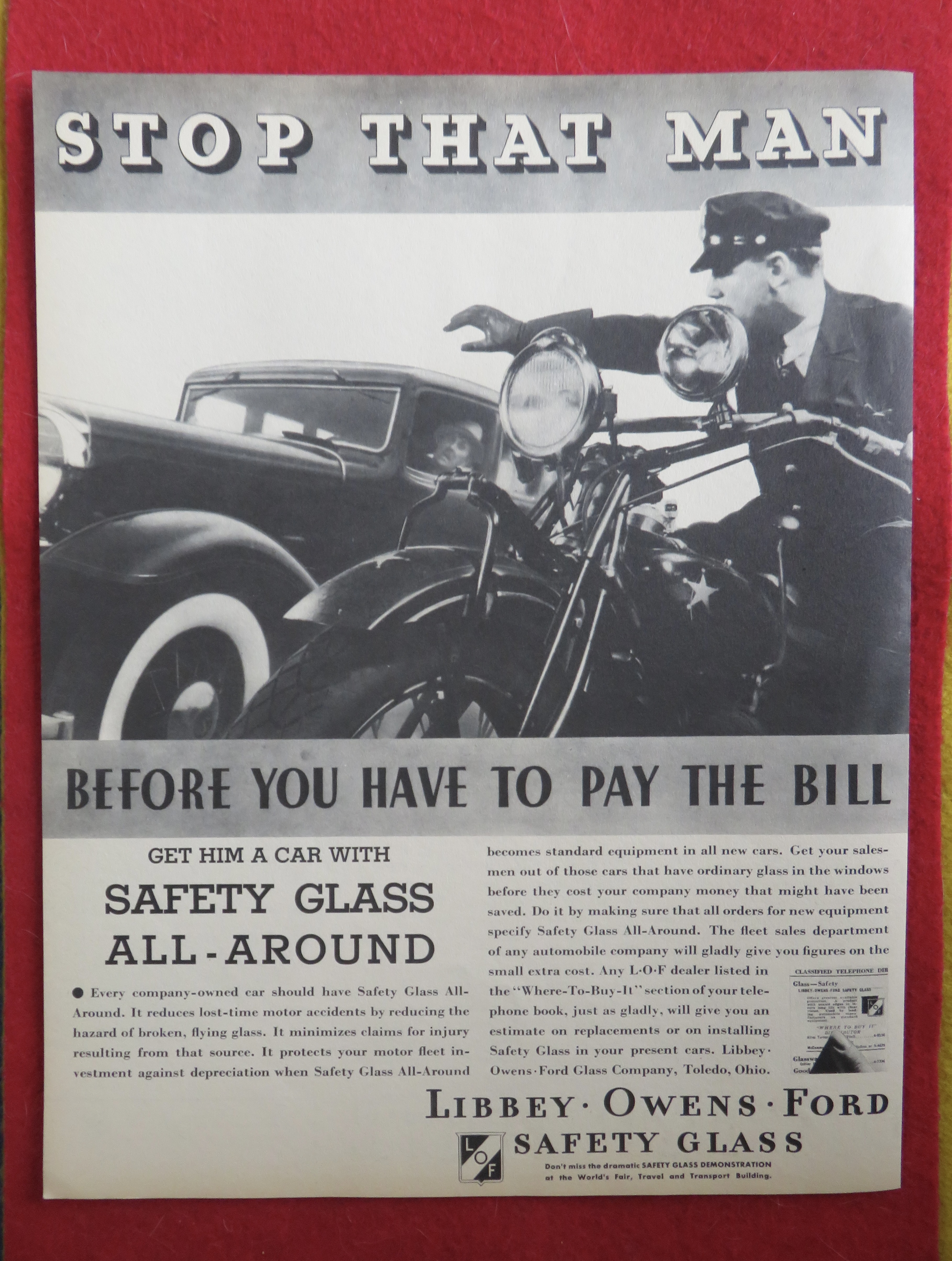 1934 Libbey Owens Ford Safety Glass with Cop & Car