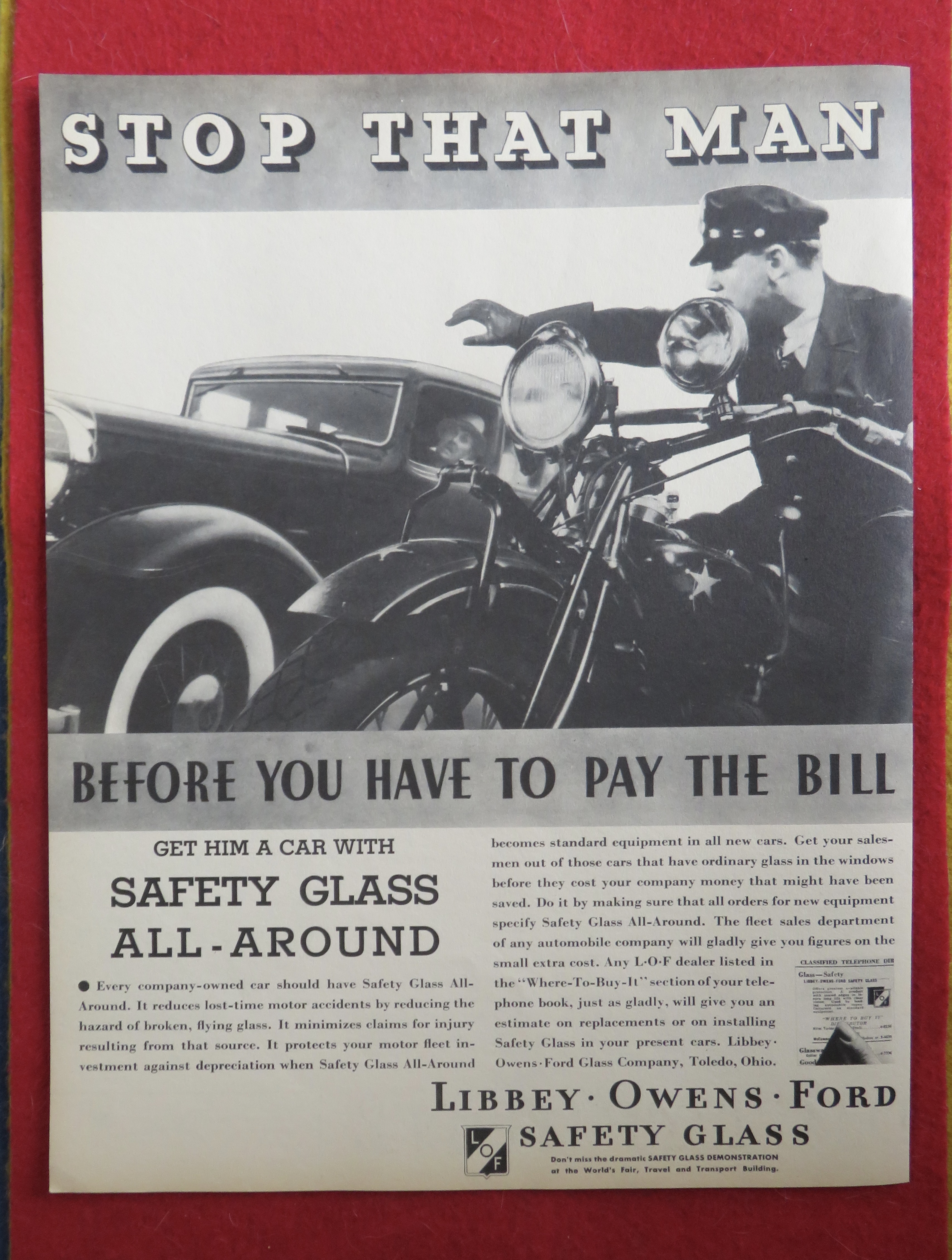 1934 Libbey Owens Ford Safety Glass with Cop & Car