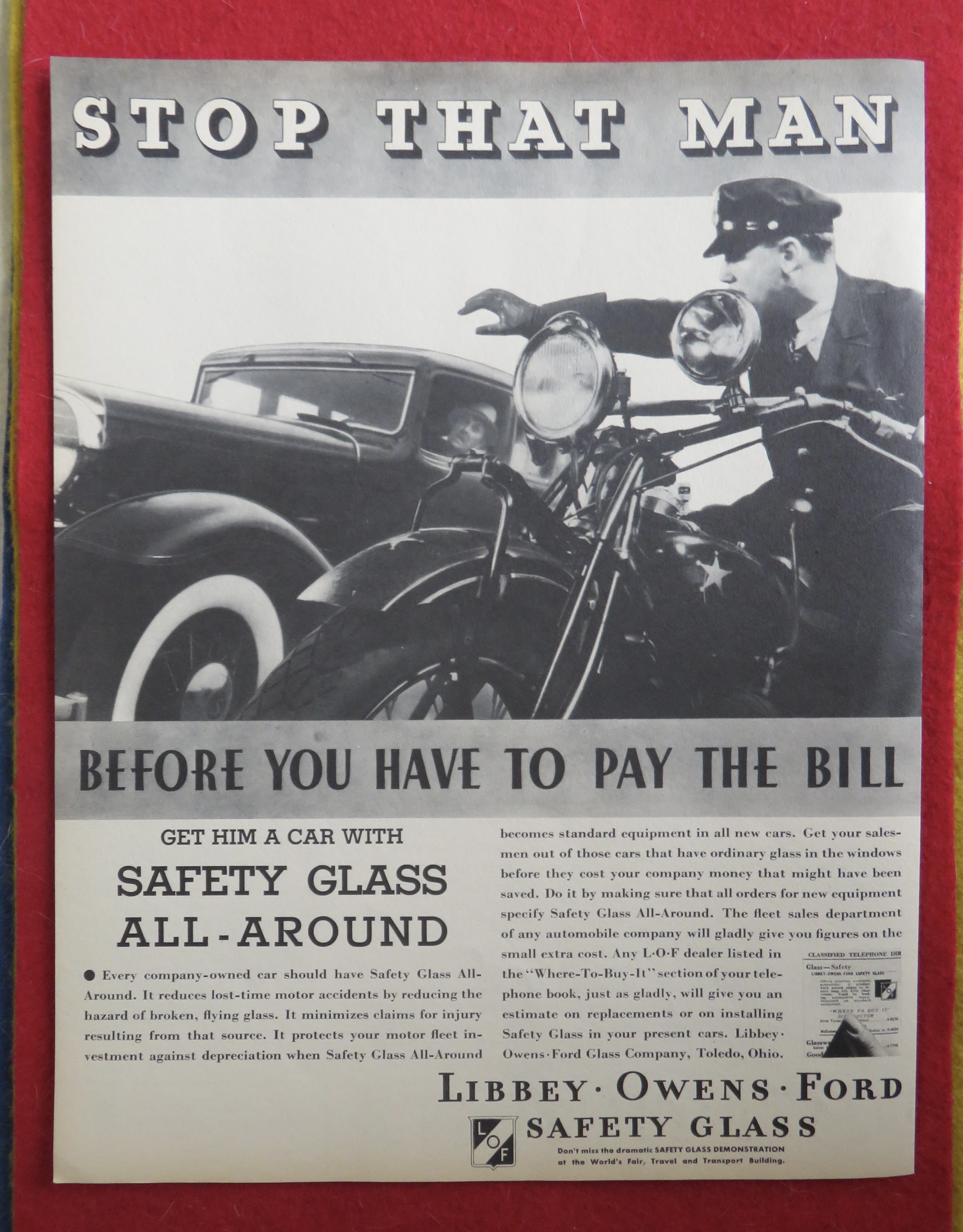 1934 Libbey Owens Ford Safety Glass with Cop & Car