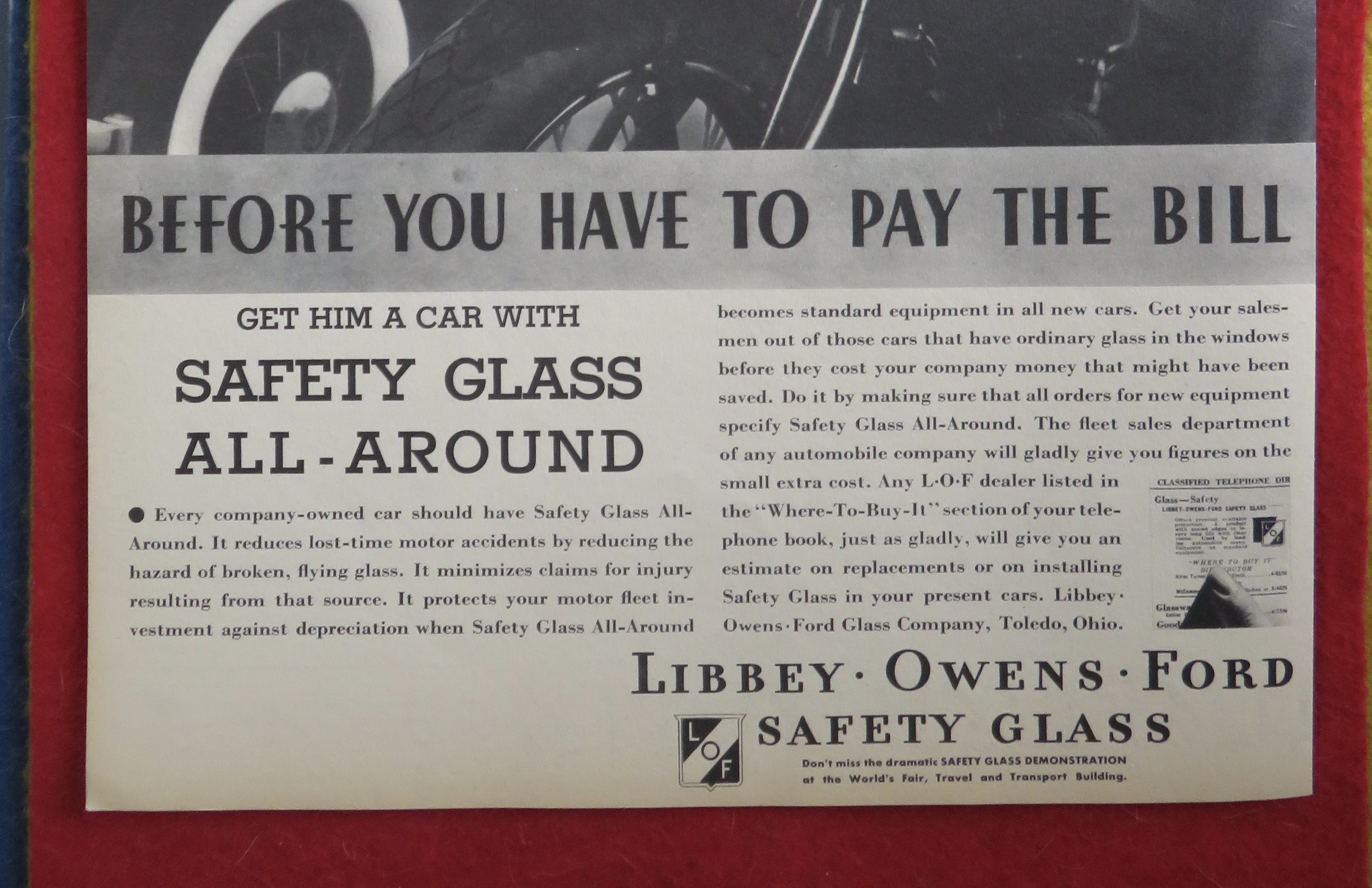 1934 Libbey Owens Ford Safety Glass with Cop & Car