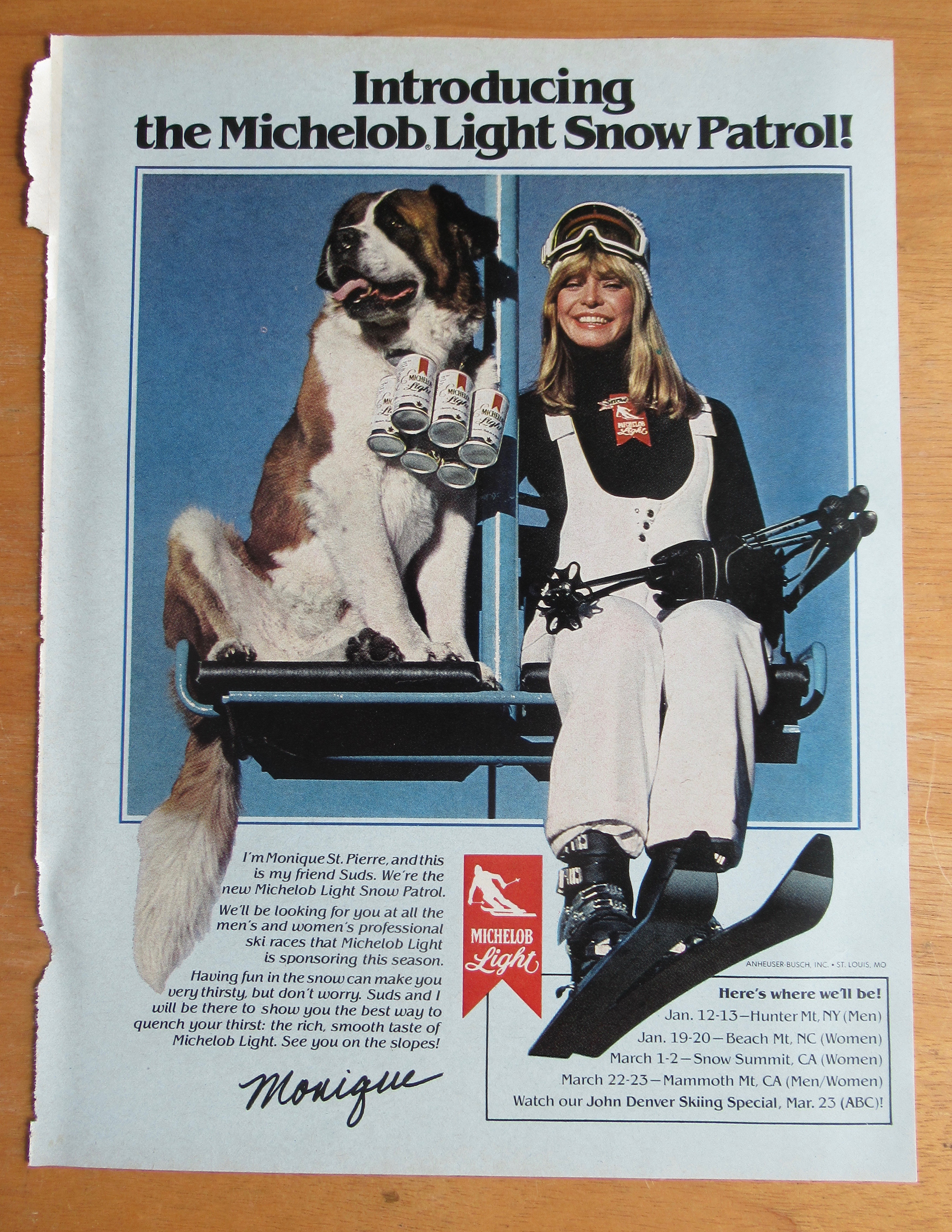 1980 Michelob Light with Woman & Dog on Ski Lift