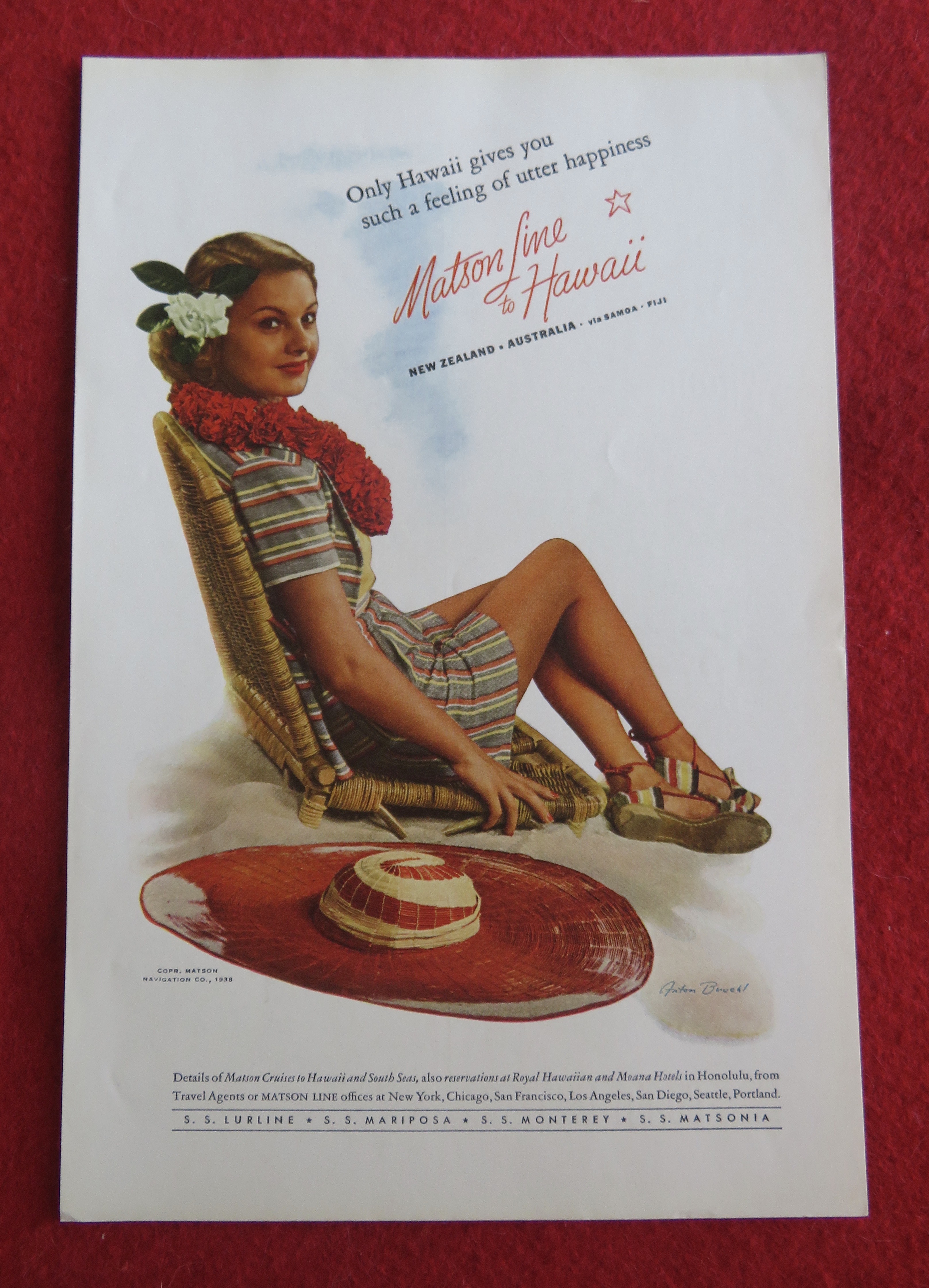 1938 Matson Line To Hawaii with Woman Sitting on Chair
