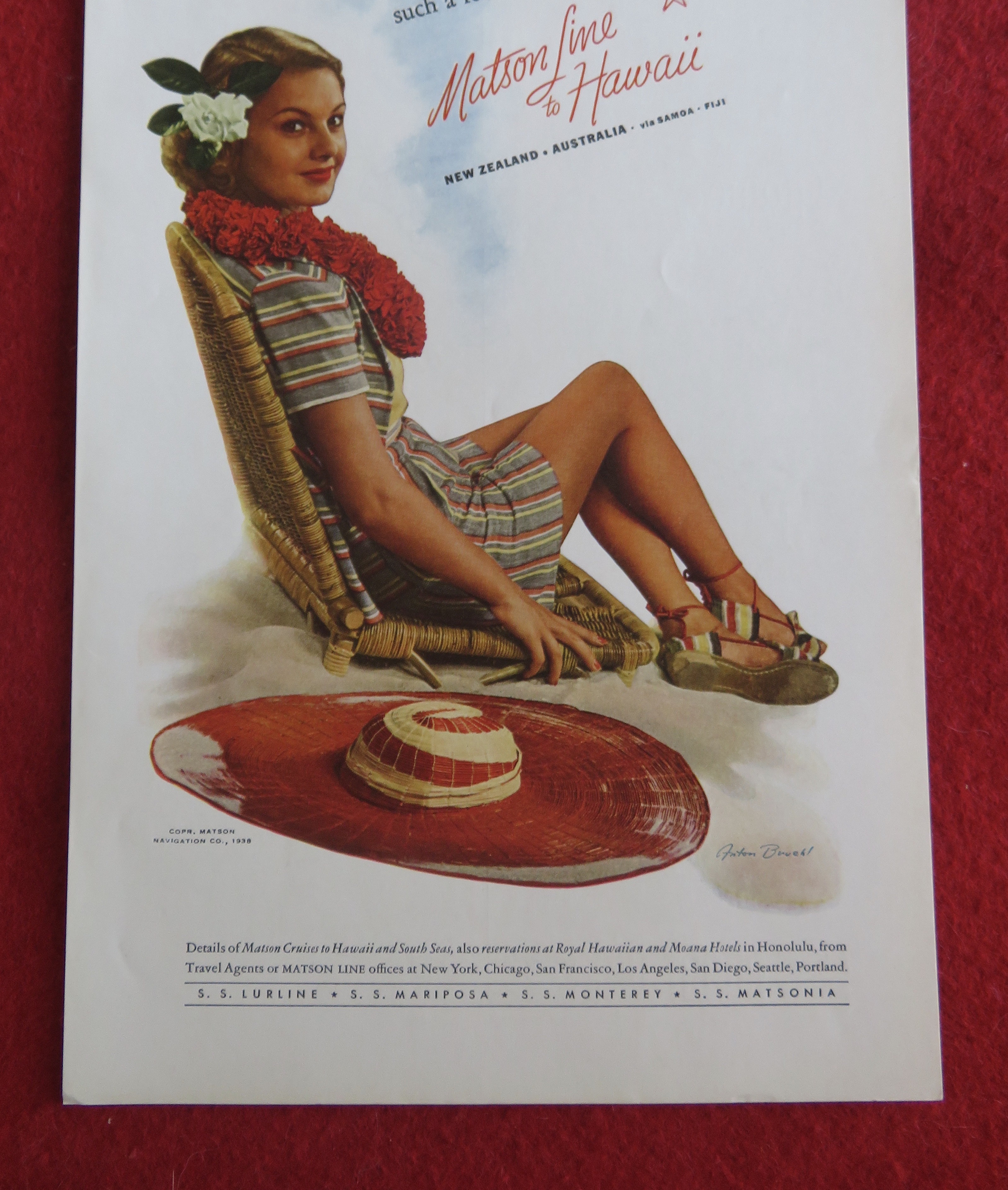 1938 Matson Line To Hawaii with Woman Sitting on Chair