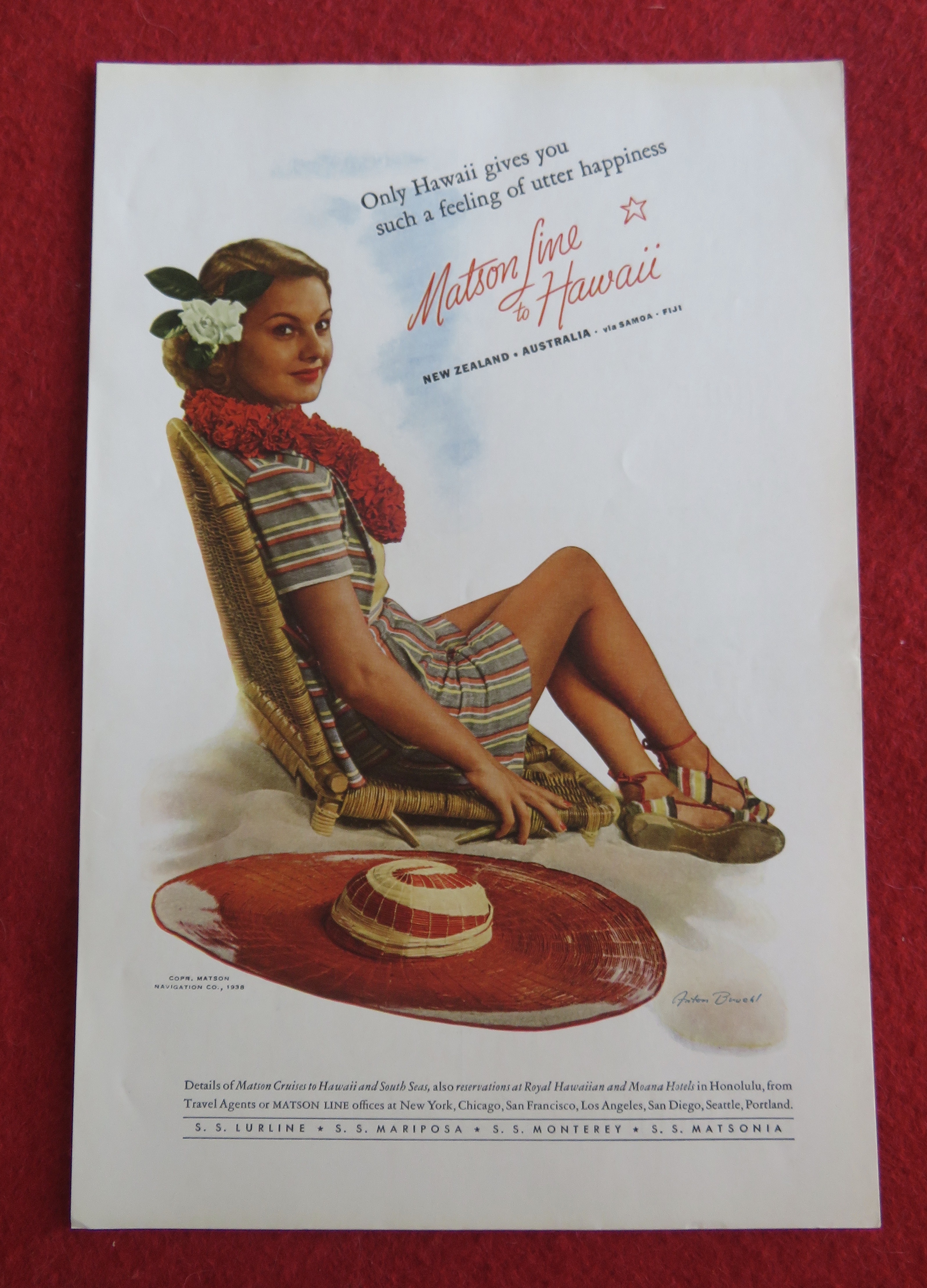 1938 Matson Line To Hawaii with Woman Sitting on Chair