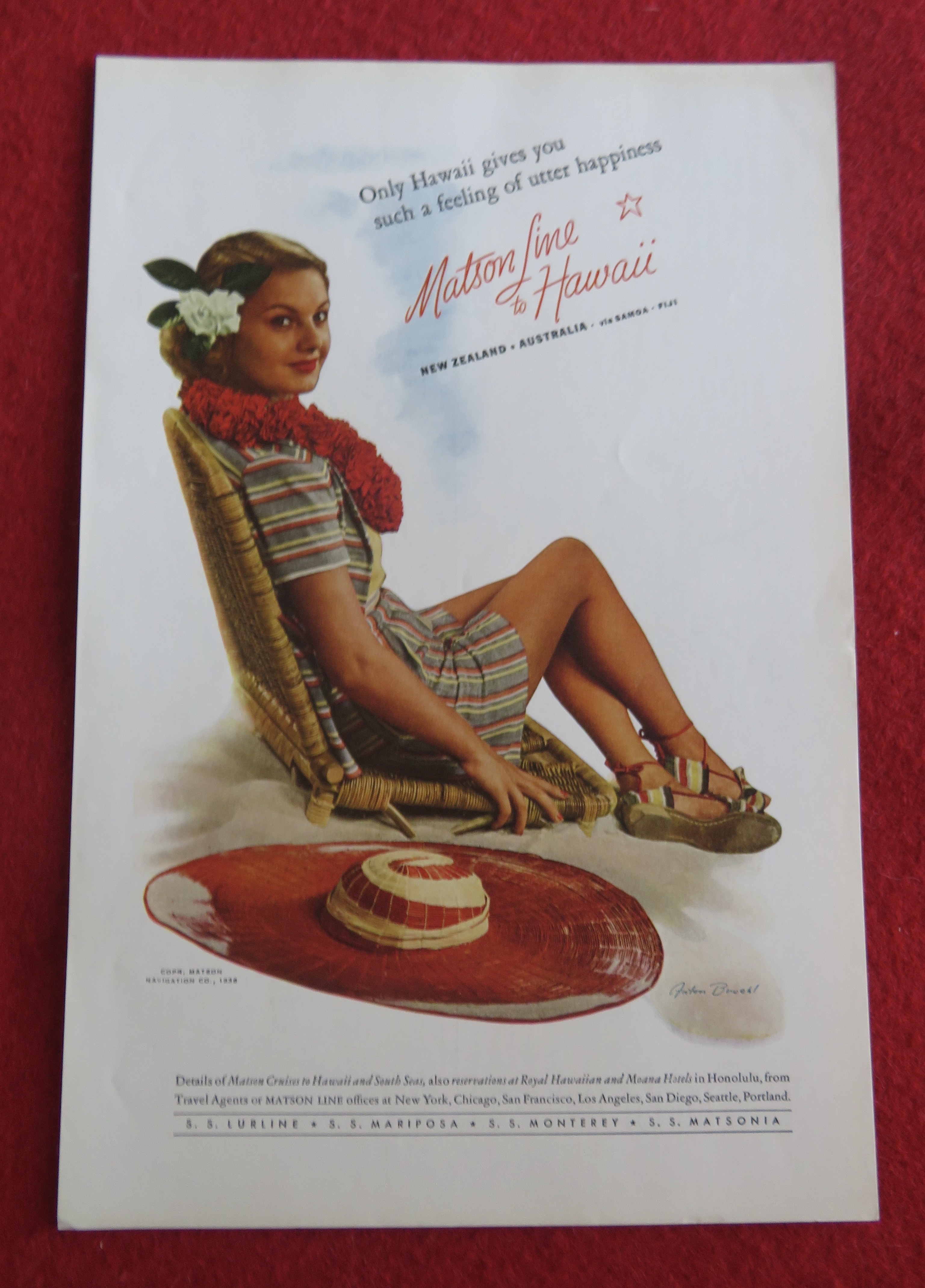 1938 Matson Line To Hawaii with Woman Sitting on Chair