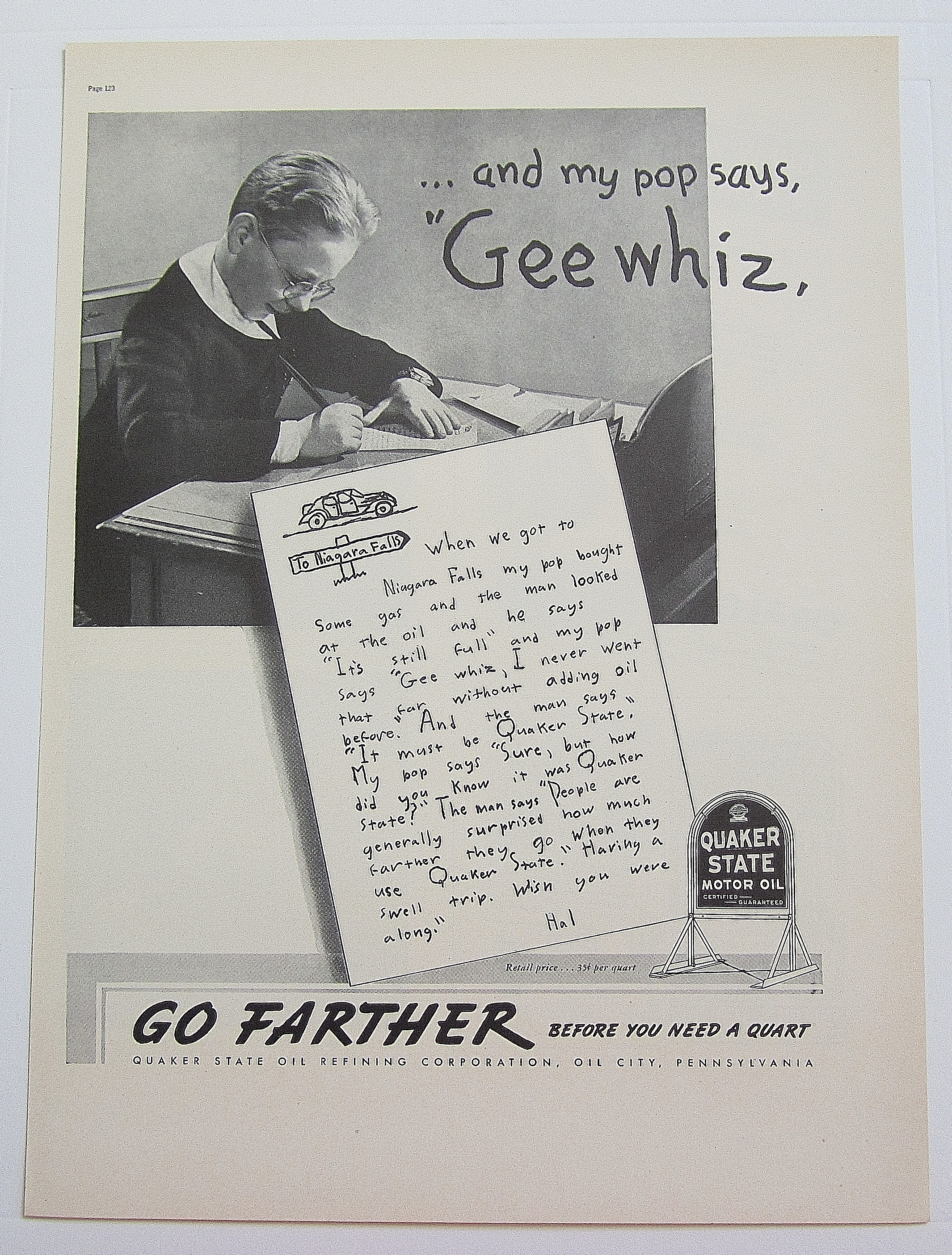 1937 Quaker State Motor Oil With Boy Writing Letter