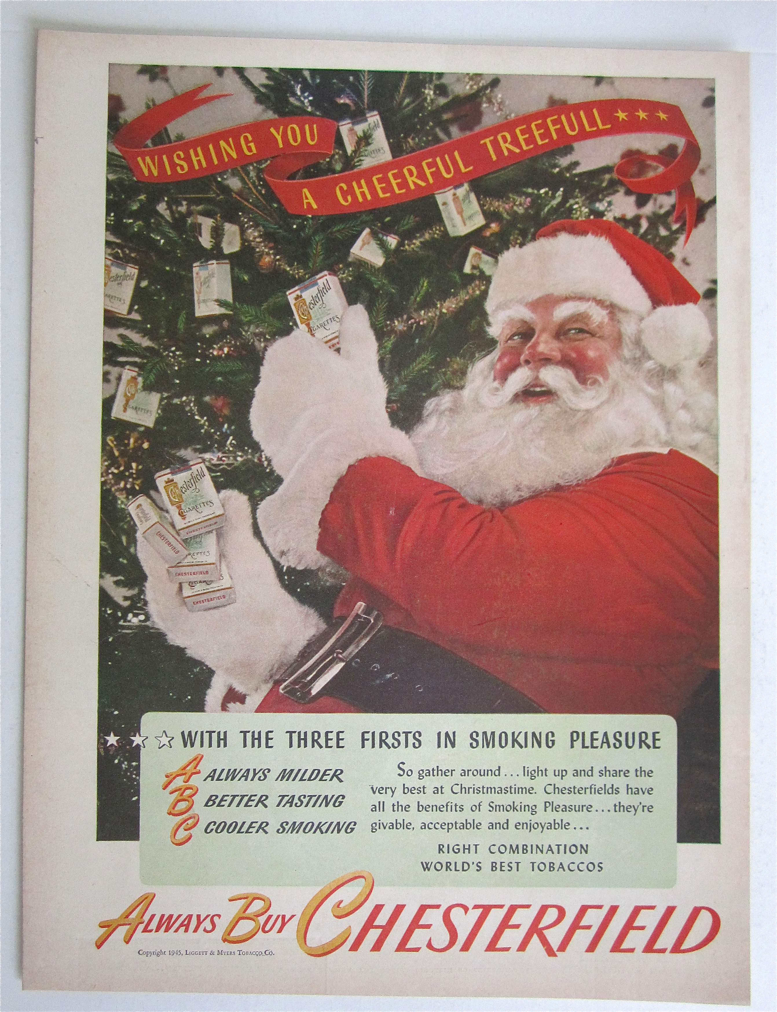 1945 Chesterfield Cigarettes with Santa Claus & Tree