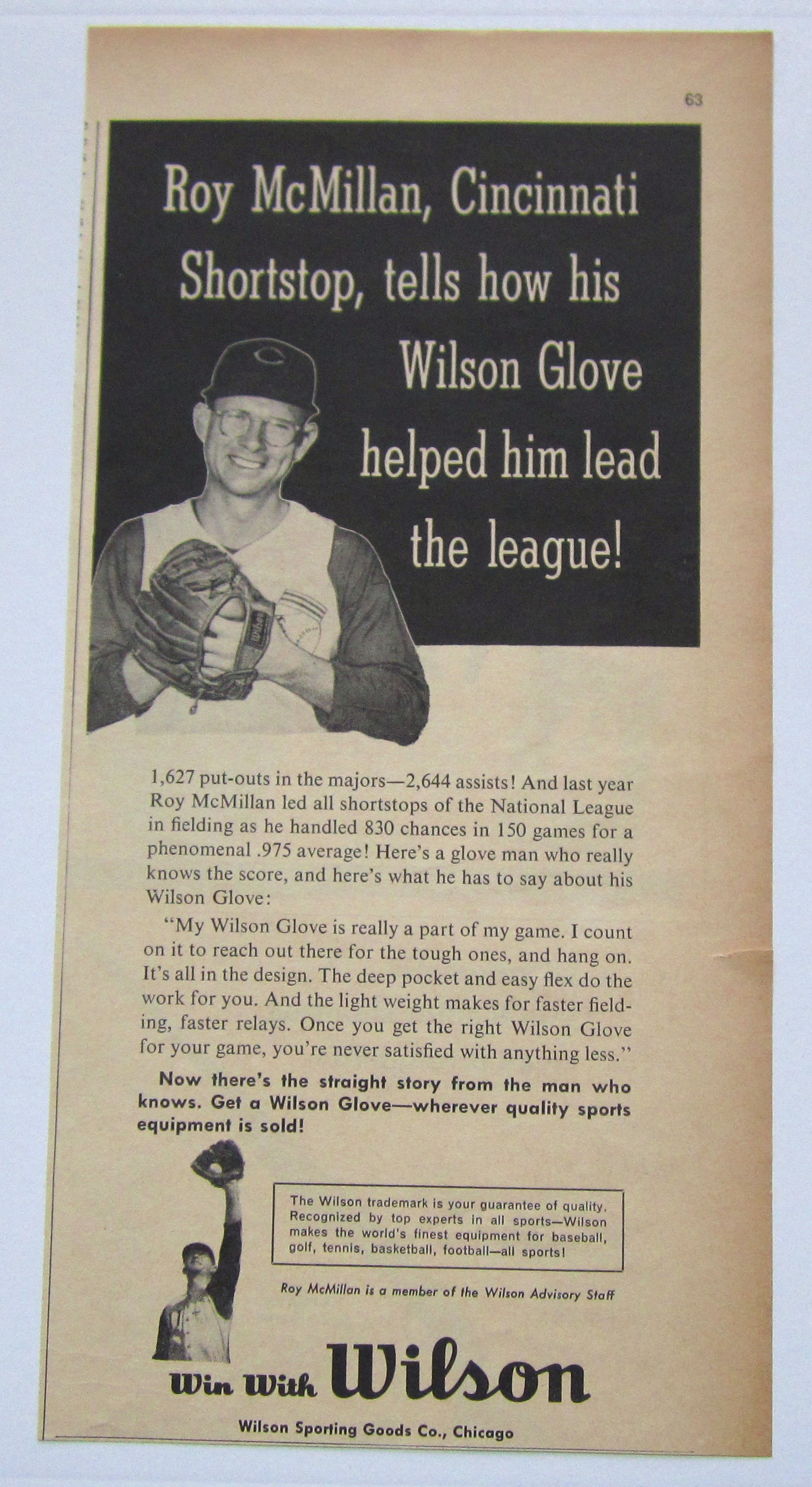1958 Vintage Wilson Baseball Glove With Roy McMillan